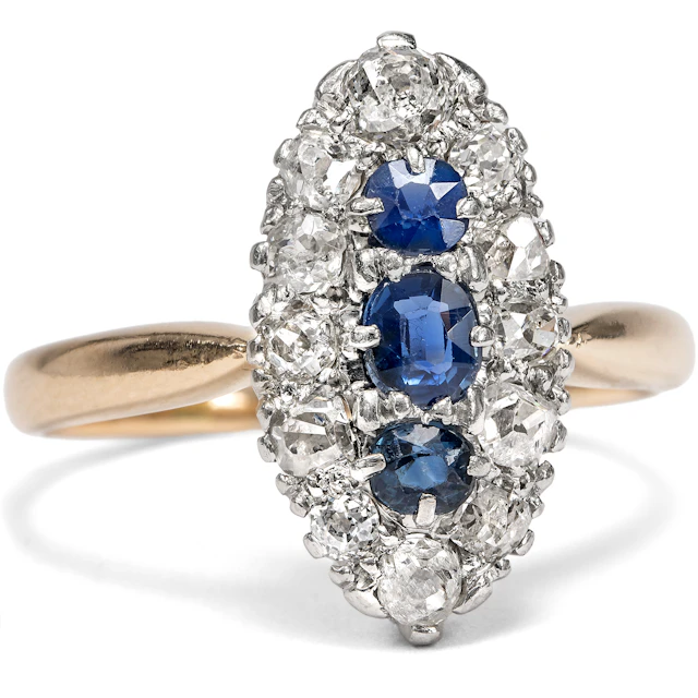 Victorian Sapphire and Diamond Ring in Silver on Gold, c. 1890