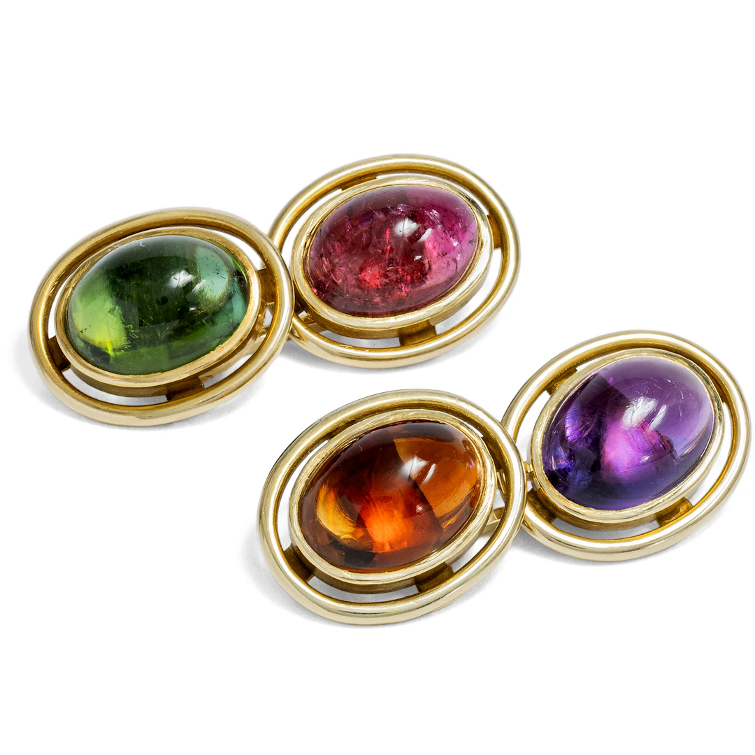 Luxurious Cufflinks with Amethyst, Citrine & Tourmalines in Gold, c. 1950s