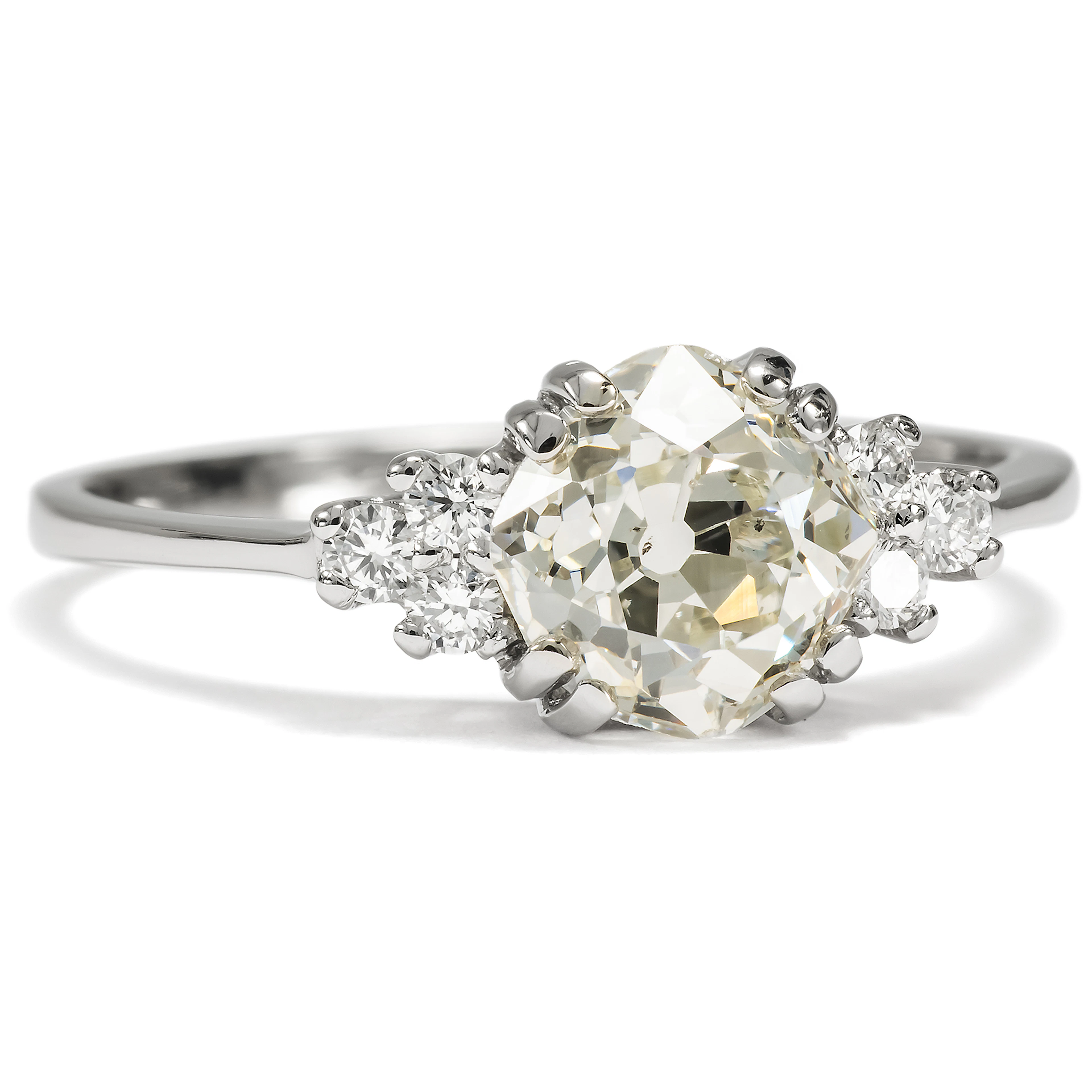 Precious Ring with Antique 1.30 ct Cushion Cut Diamond in Platinum