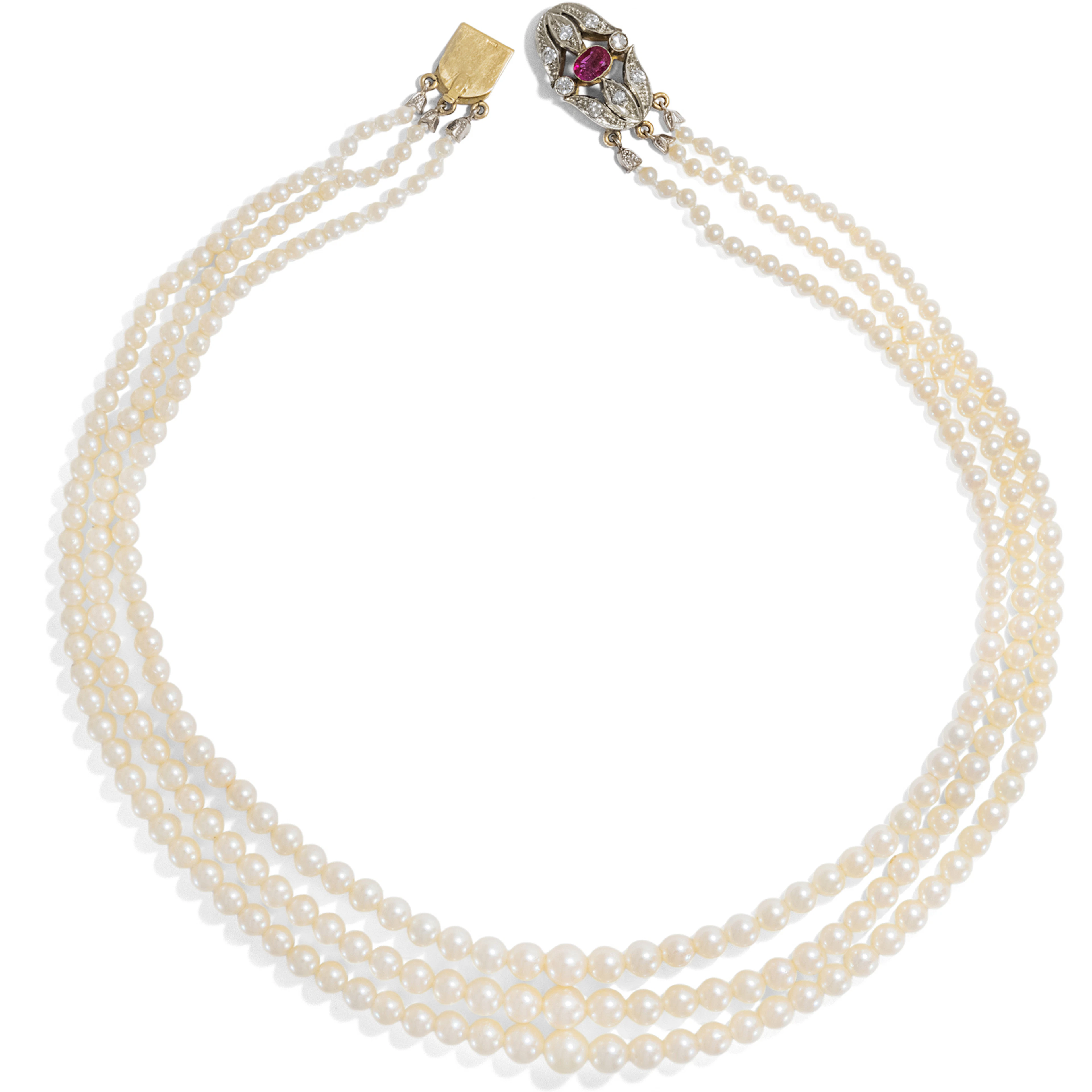Princess Length Three Row Pearl Necklace With Ruby Clasp, 1950s