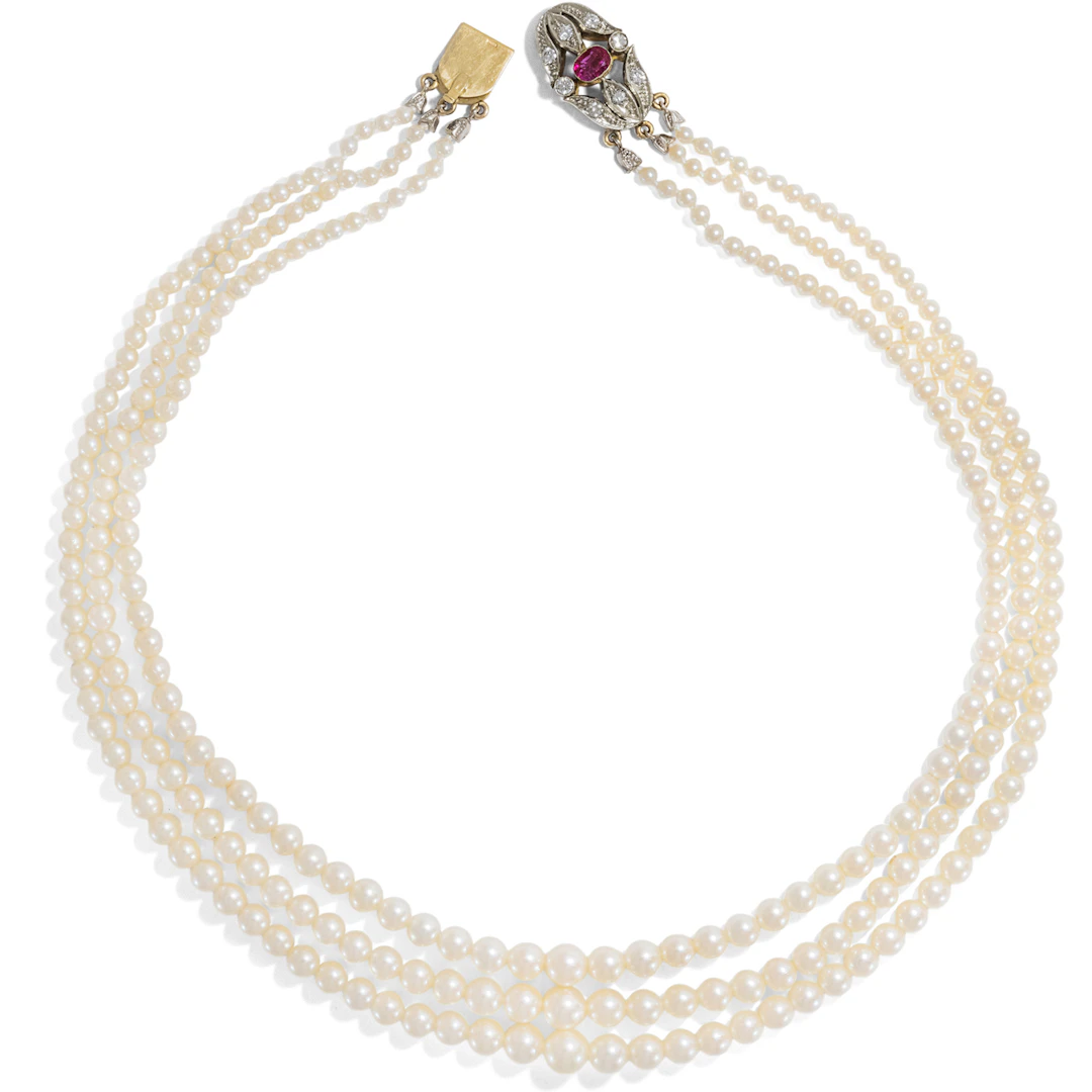 Princess Length Three Row Pearl Necklace With Ruby Clasp, 1950s
