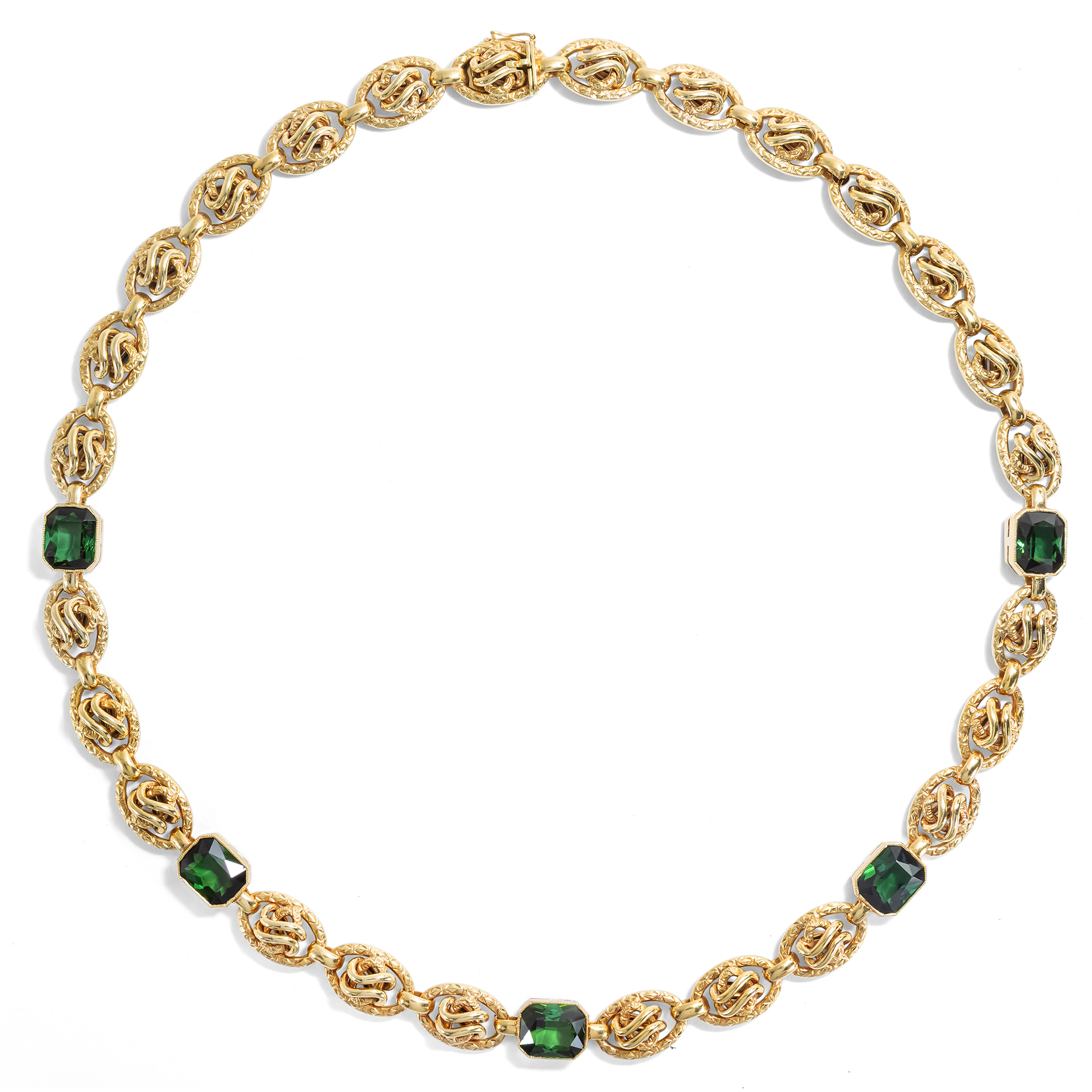 Elegant Gold Necklace With Five Green Tourmalines, Hanau Circa 1935