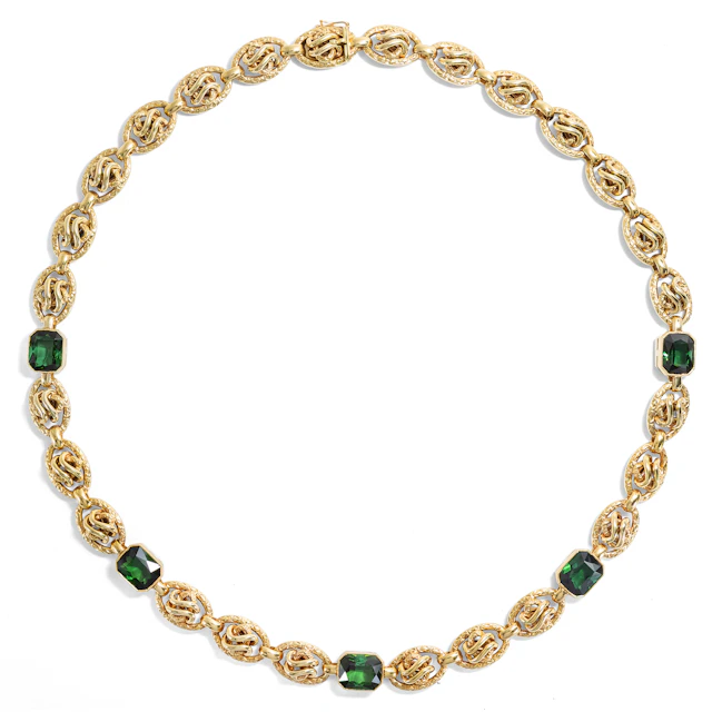Elegant Gold Necklace With Five Green Tourmalines, Hanau Circa 1935
