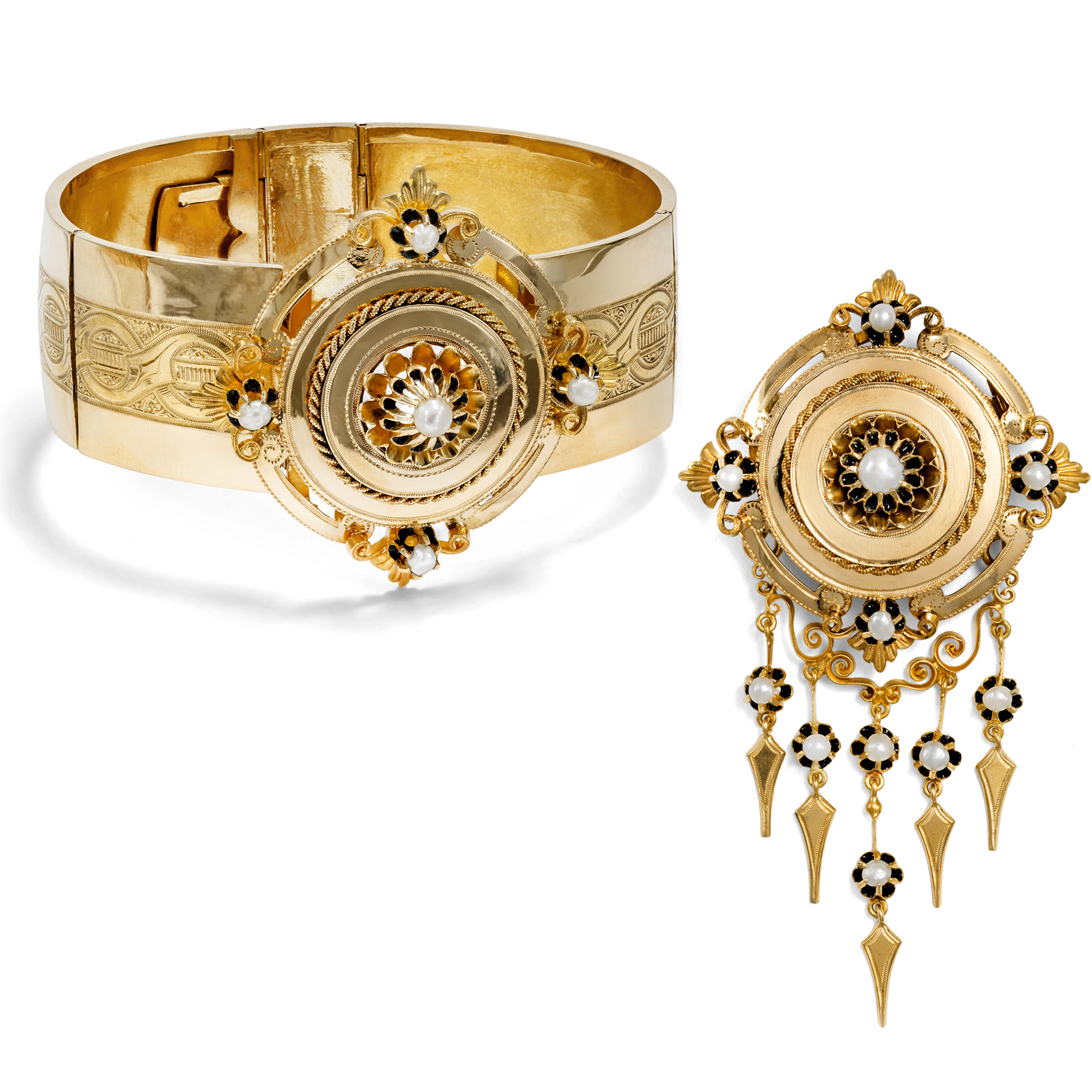 Antique Pearl and Gold Demi-Parure of a Bracelet and Pendant-Brooch