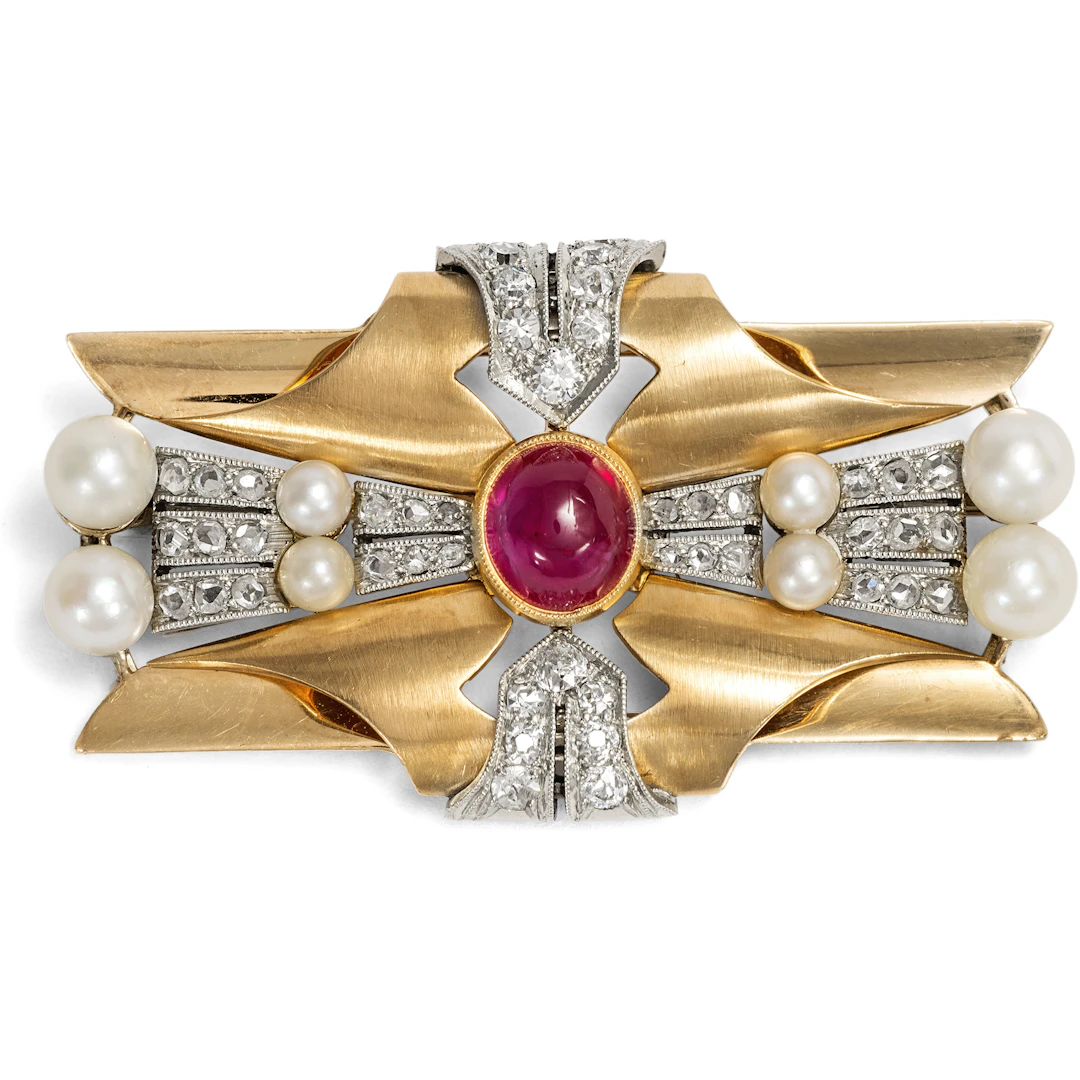 Precious "Retro Style" Brooch with Untreated Ruby from Burma & Pearls