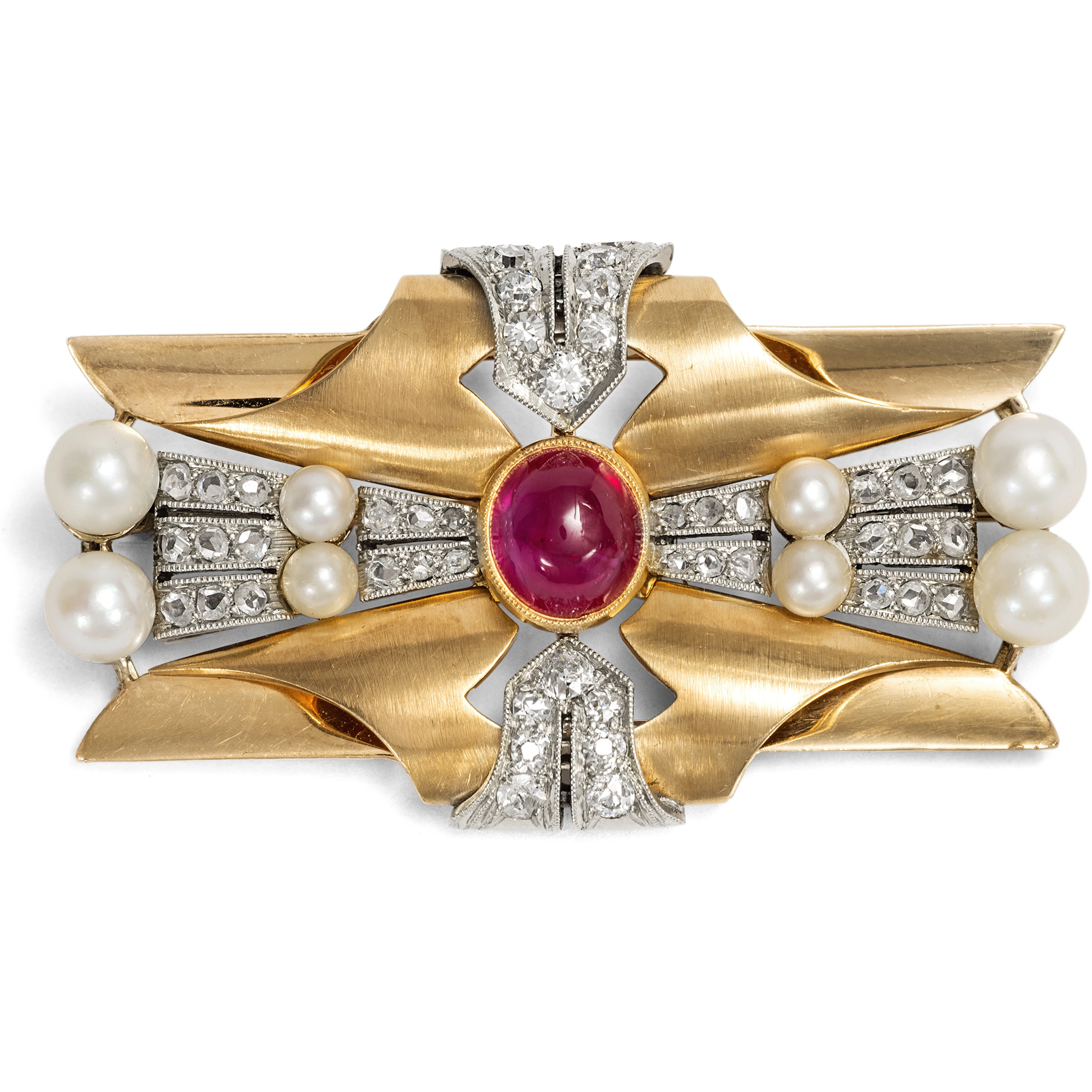 Precious "Retro Style" Brooch with Untreated Ruby from Burma & Pearls