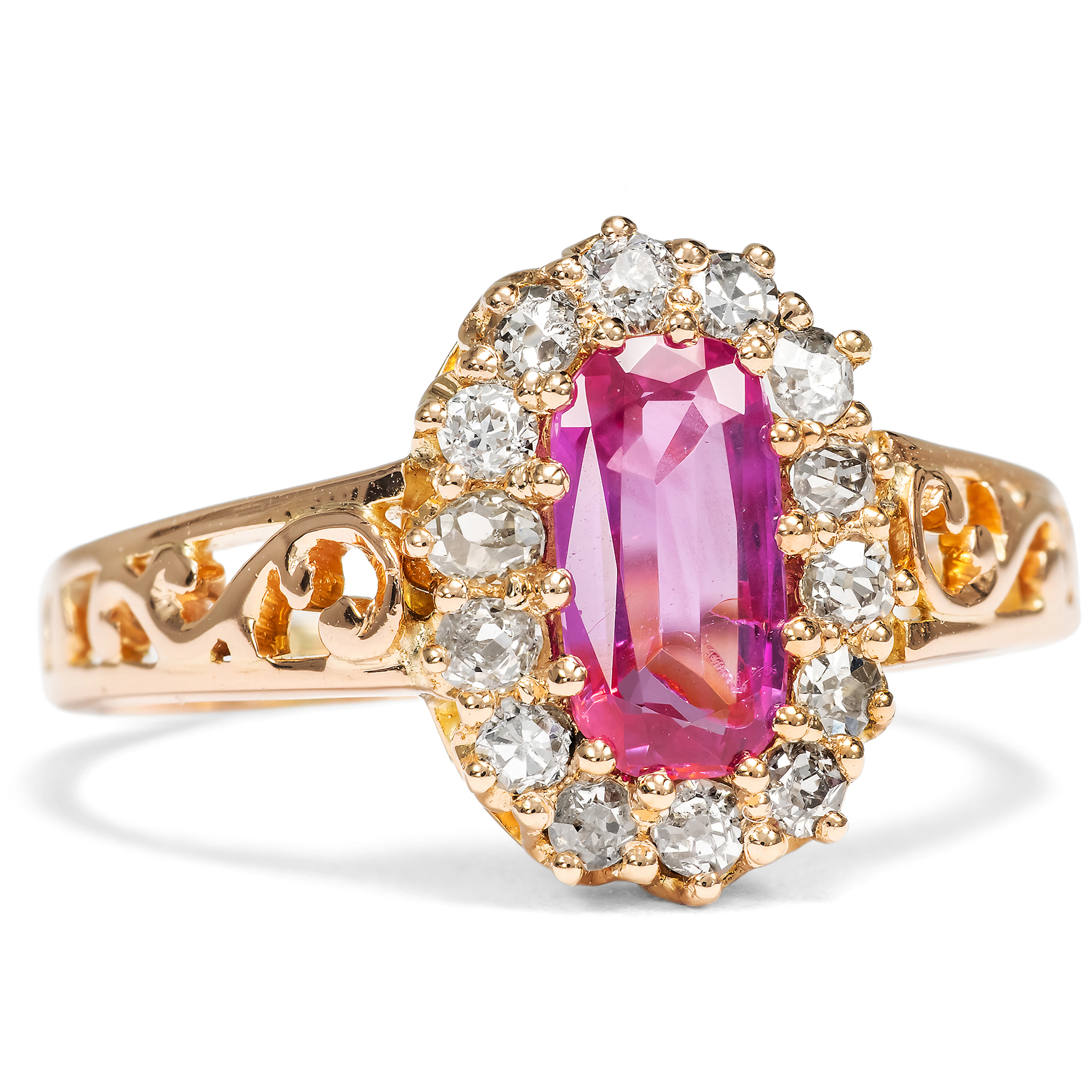 Antique Entourage Ring with an Untreated Sapphire from Burma & Diamonds