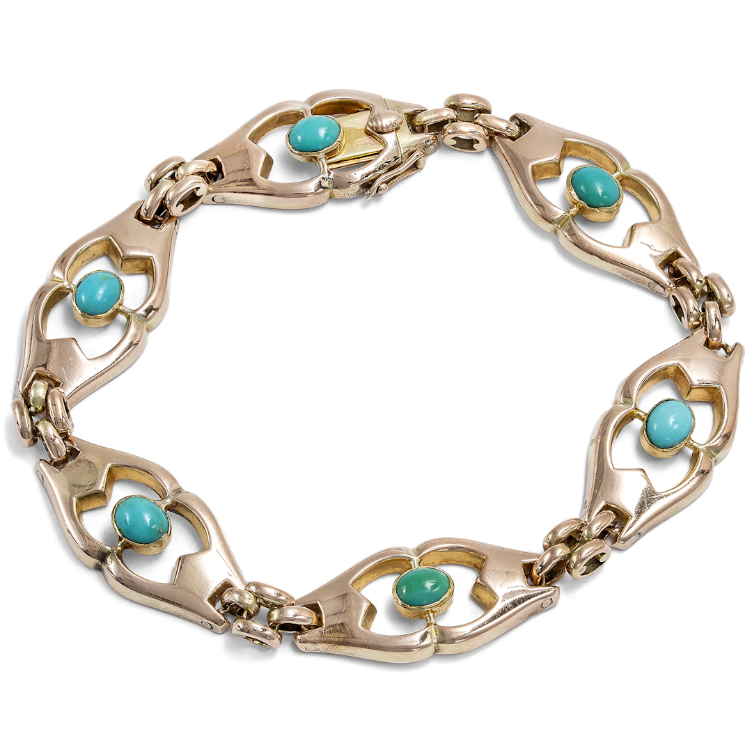 Romantic Bracelet with Turquoises in Gold, probably USA, c. 1910
