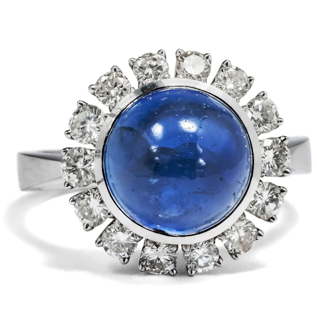 Sparkling Vintage White Gold Ring with Sapphire & Diamonds, c. 1970