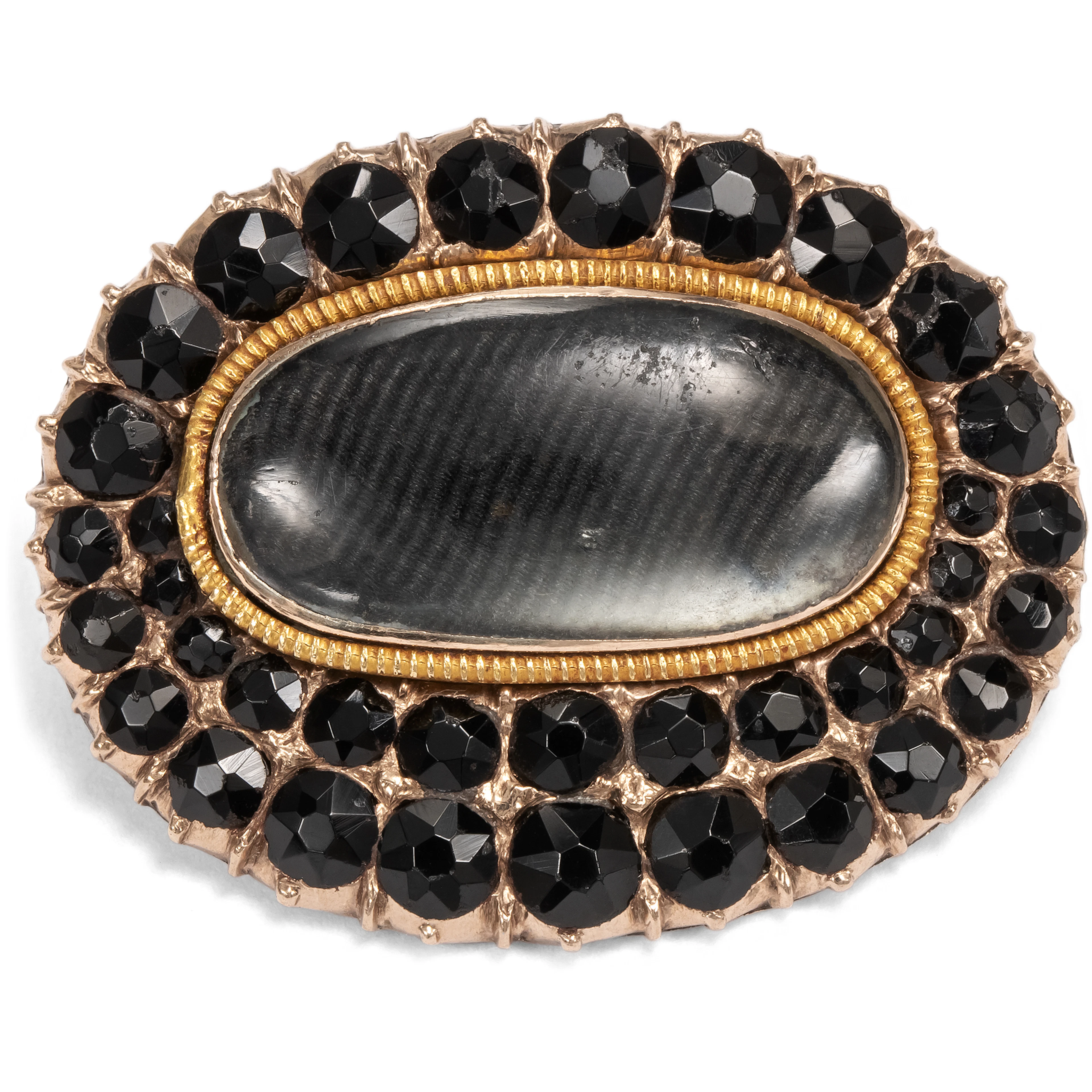 Antique Brooch with Hair & Black Glass Set in Gold, c. 1825
