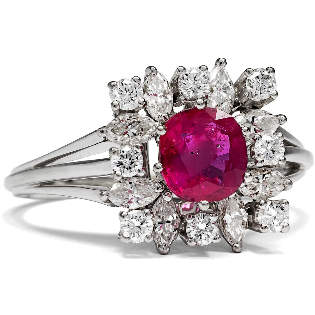 Vintage Ring with Untreated Burma Ruby & Diamonds in White Gold, c. 1970