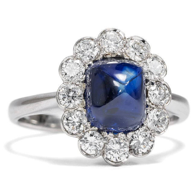 Vintage Sugarloaf Sapphire and Diamond Cluster Ring in White Gold, c. 1980