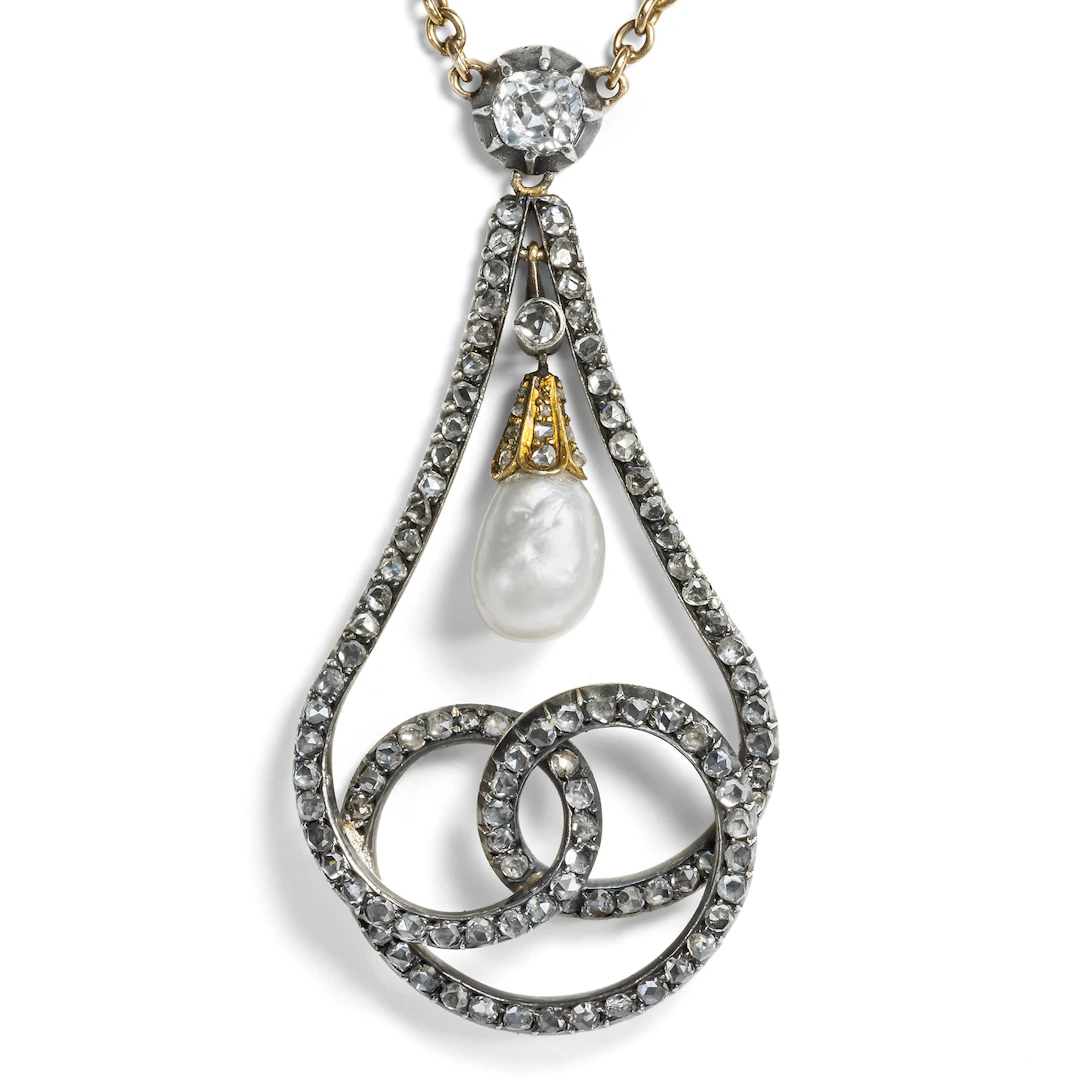Antique Necklace With Diamonds & Natural Pearl in Gold & Silver, c. 1865