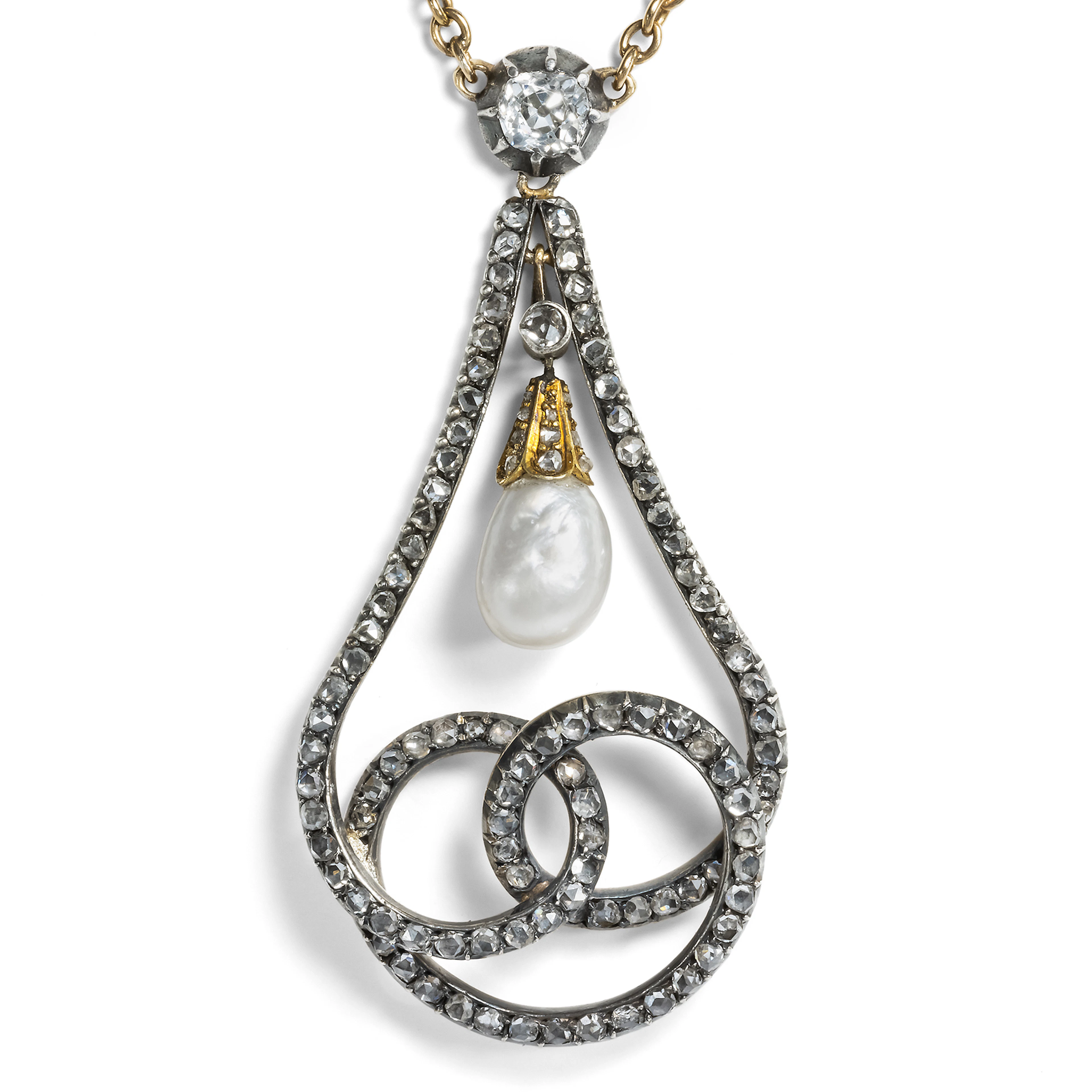 Antique Necklace With Diamonds & Natural Pearl in Gold & Silver, c. 1865