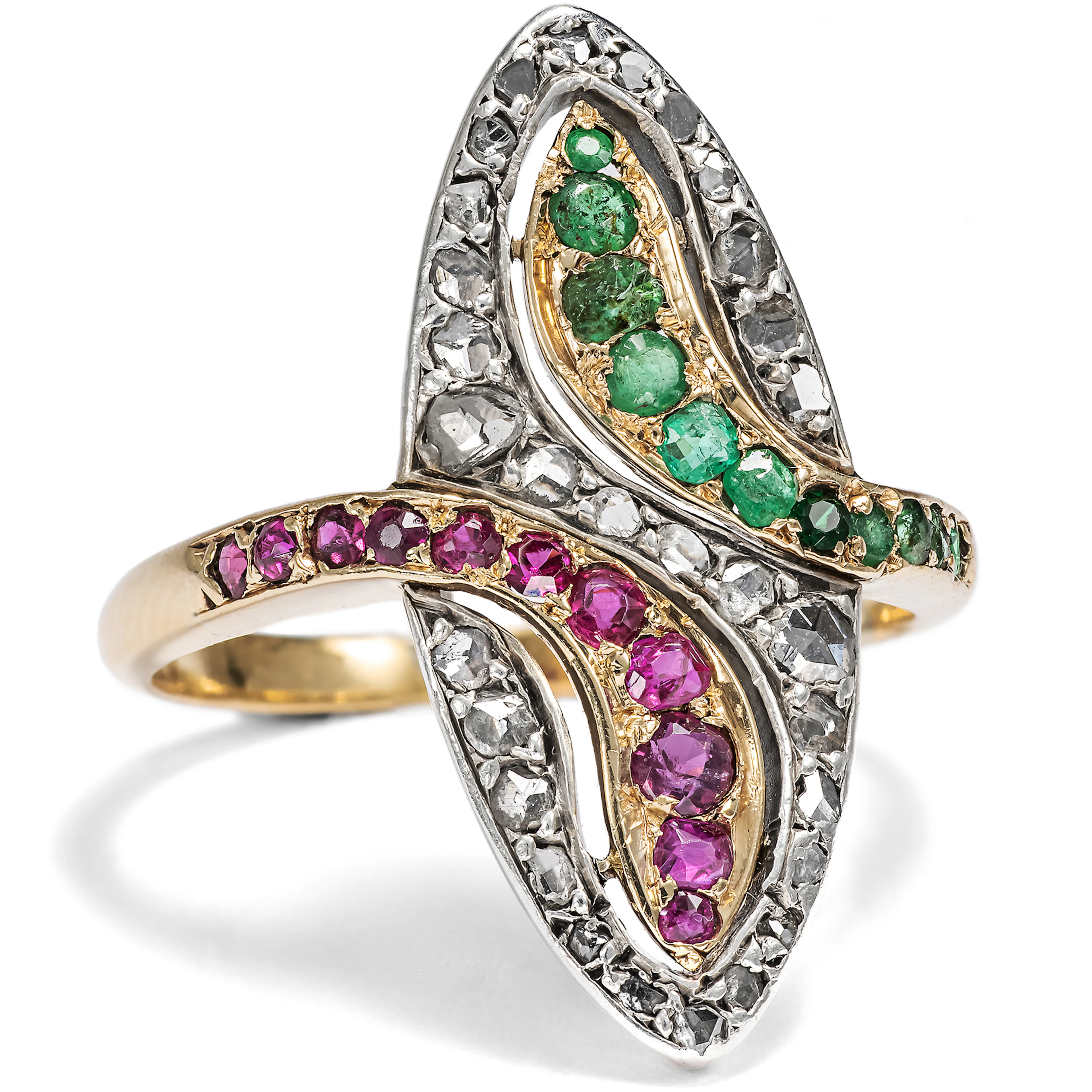 Antique marquise ring with rubies, emeralds & diamonds, Paris circa 1900