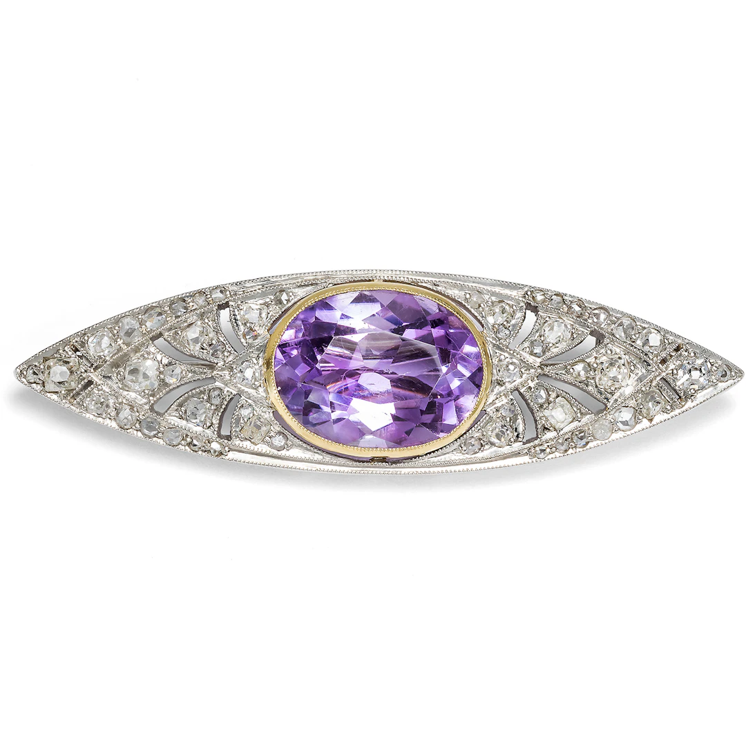 Elegant Brooch With Amethyst & Antique Diamonds In Platinum, Dated Moscow 1958