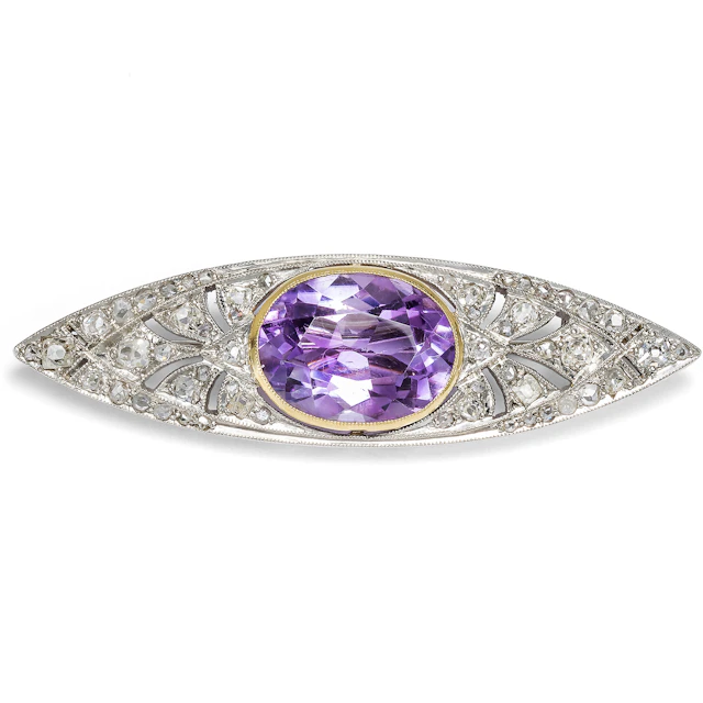 Elegant Brooch With Amethyst & Antique Diamonds In Platinum, Dated Moscow 1958