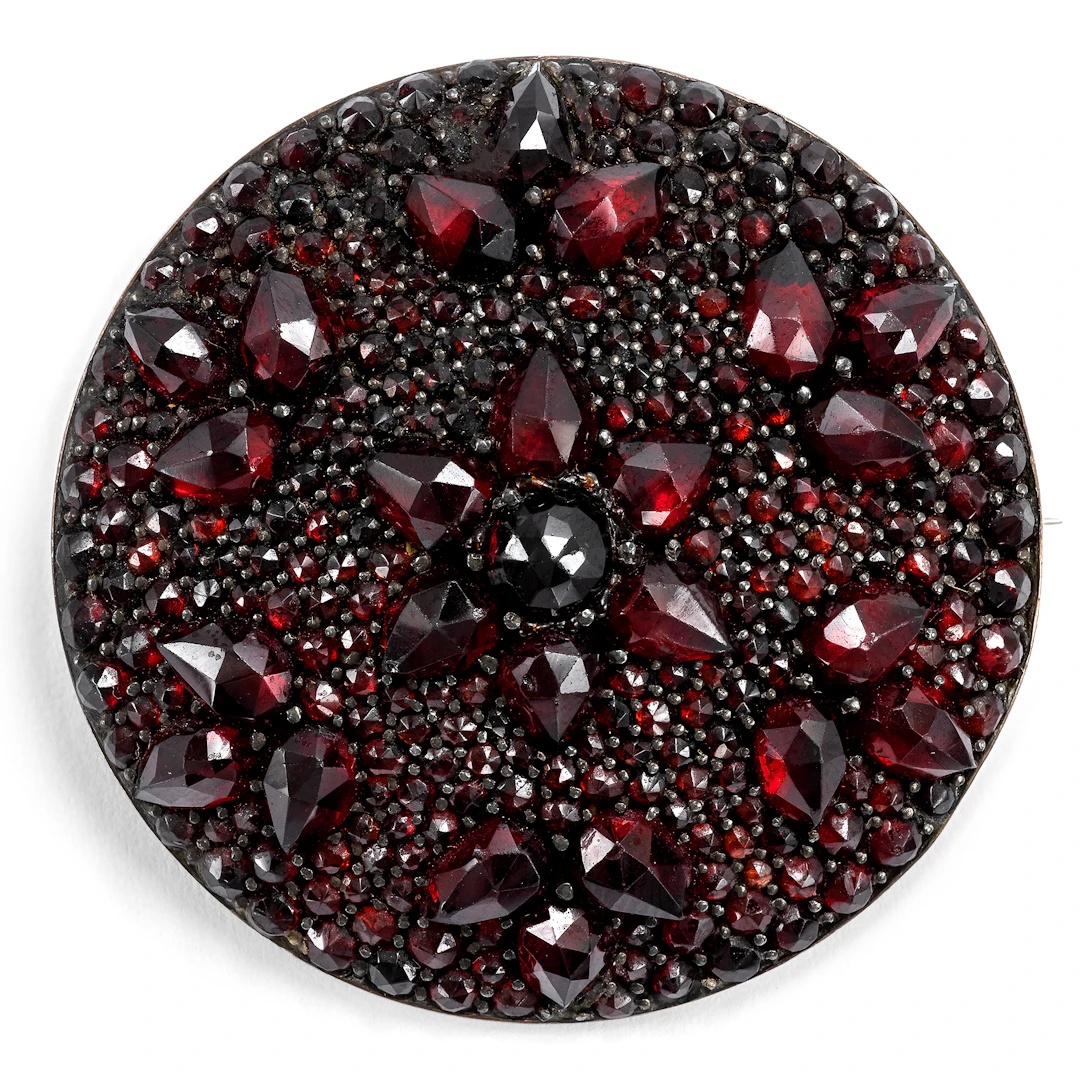 Antique Brooch with Bohemian Garnets in Tombac, c. 1880