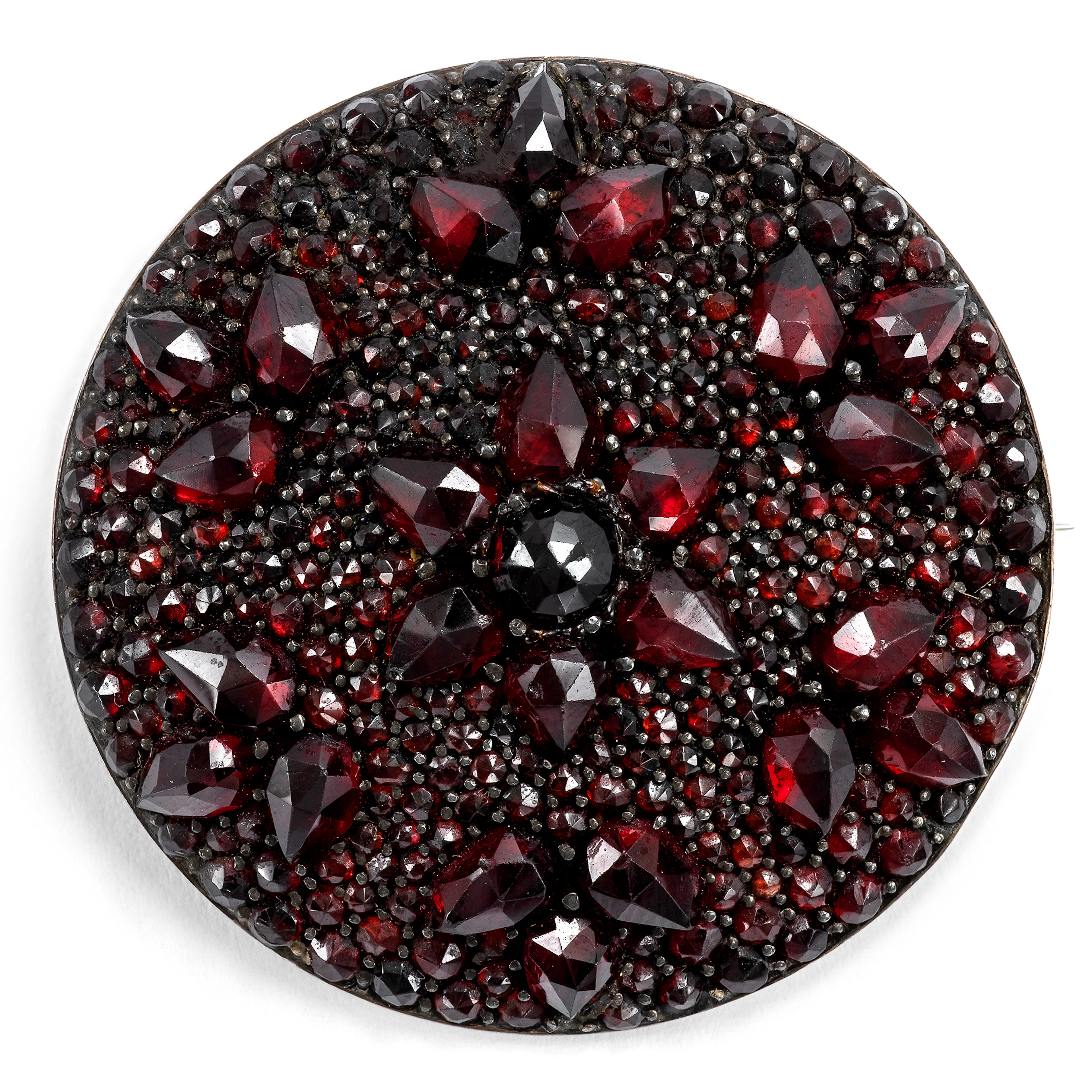 Antique Brooch with Bohemian Garnets in Tombac, c. 1880