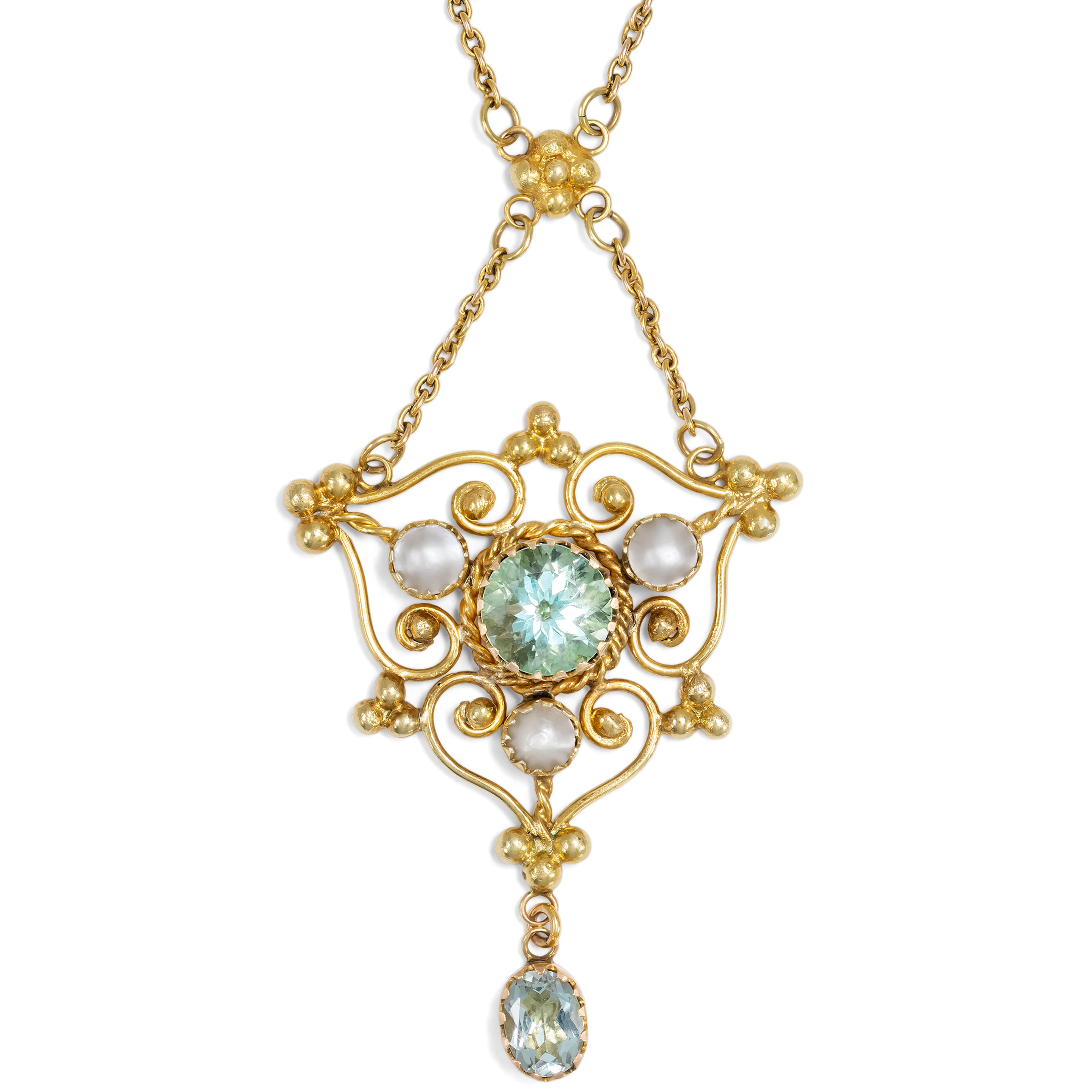 Antique Gold Necklace with Aquamarines, British, c. 1905 & later