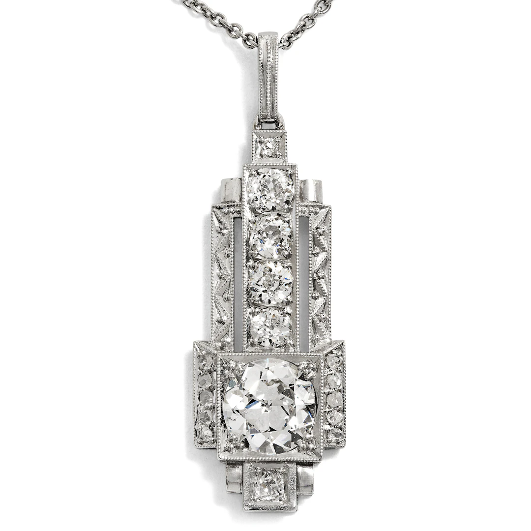 Elegant Déco Pendant with a 1.00 ct Old European Cut Diamond in Platinum