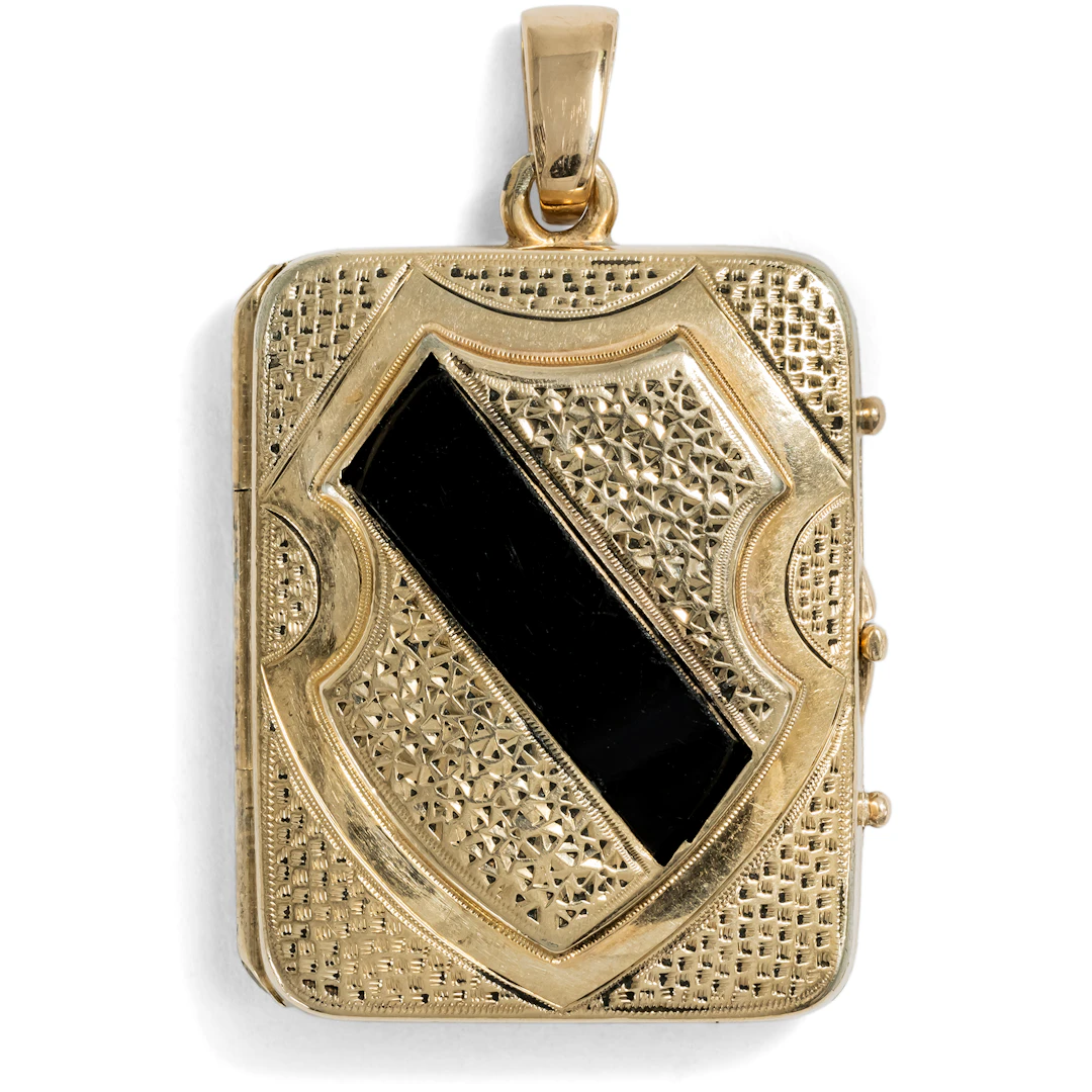 Antique Book-Shaped Locket in Onyx and Rolled Gold, c. 1885