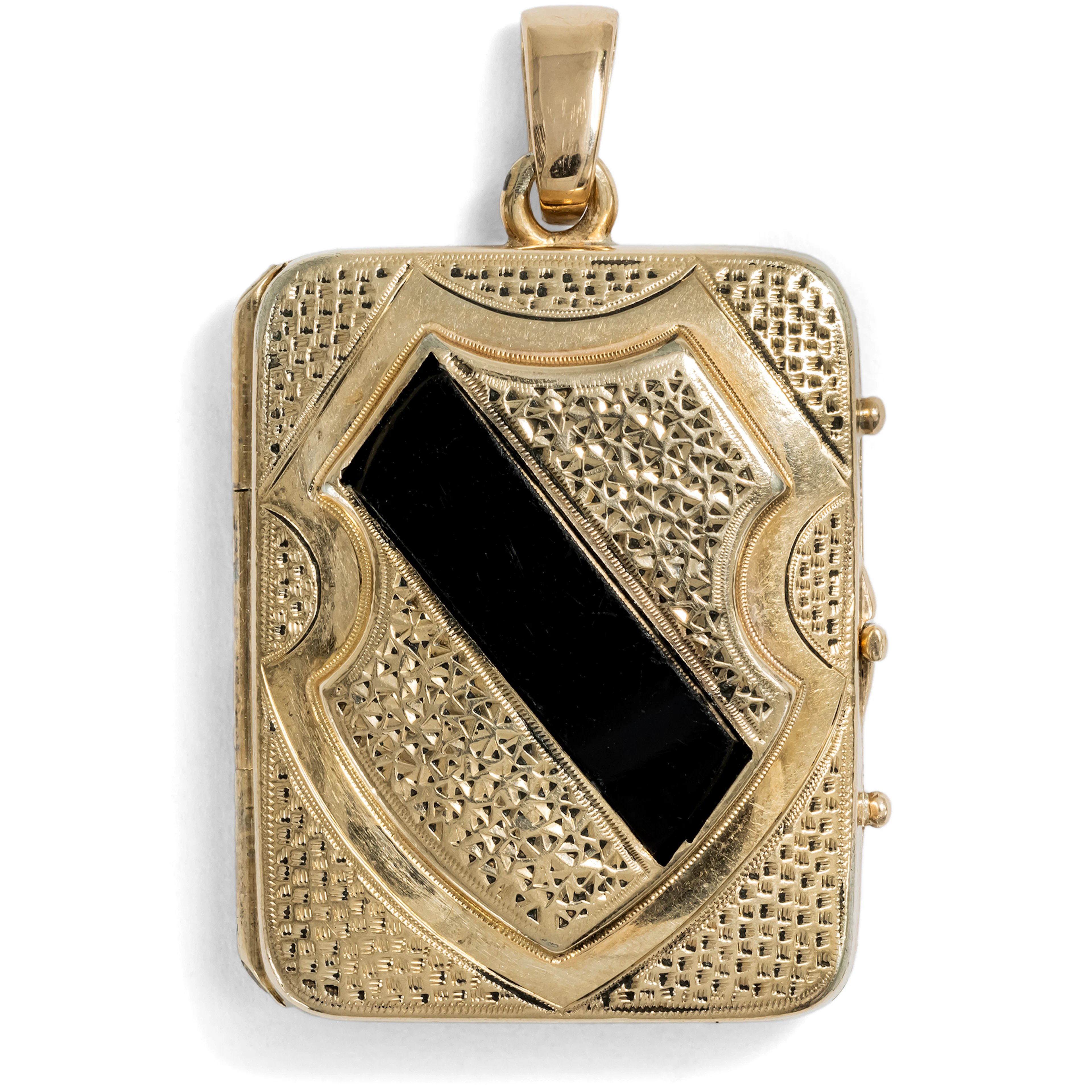 Antique Book-Shaped Locket in Onyx and Rolled Gold, c. 1885