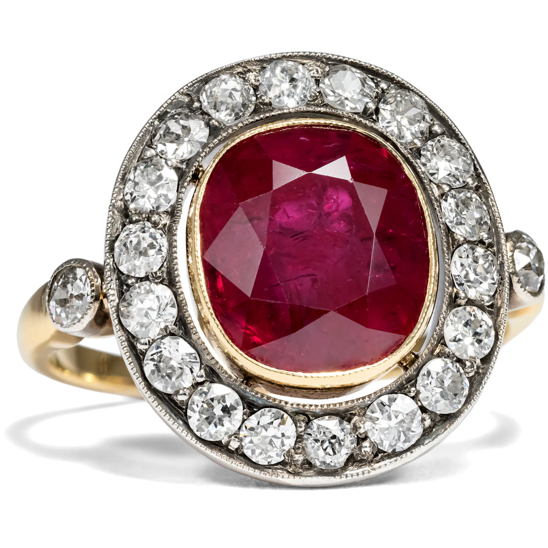Antique Ruby and Diamond Cluster Ring in Silver on Gold, c. 1900