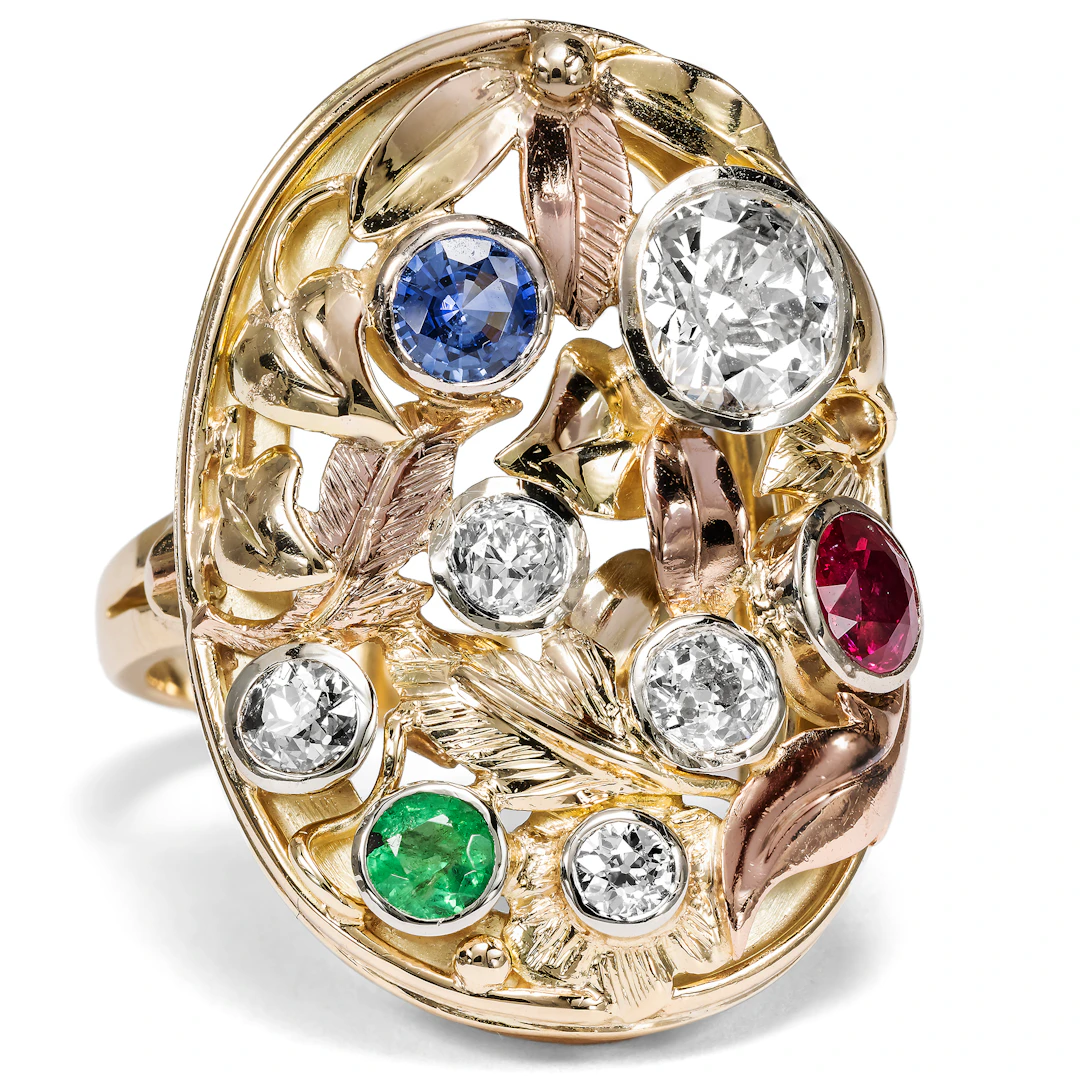 Large "Vegetable" Ring with Diamonds & Coloured Stones, German, c. 1950