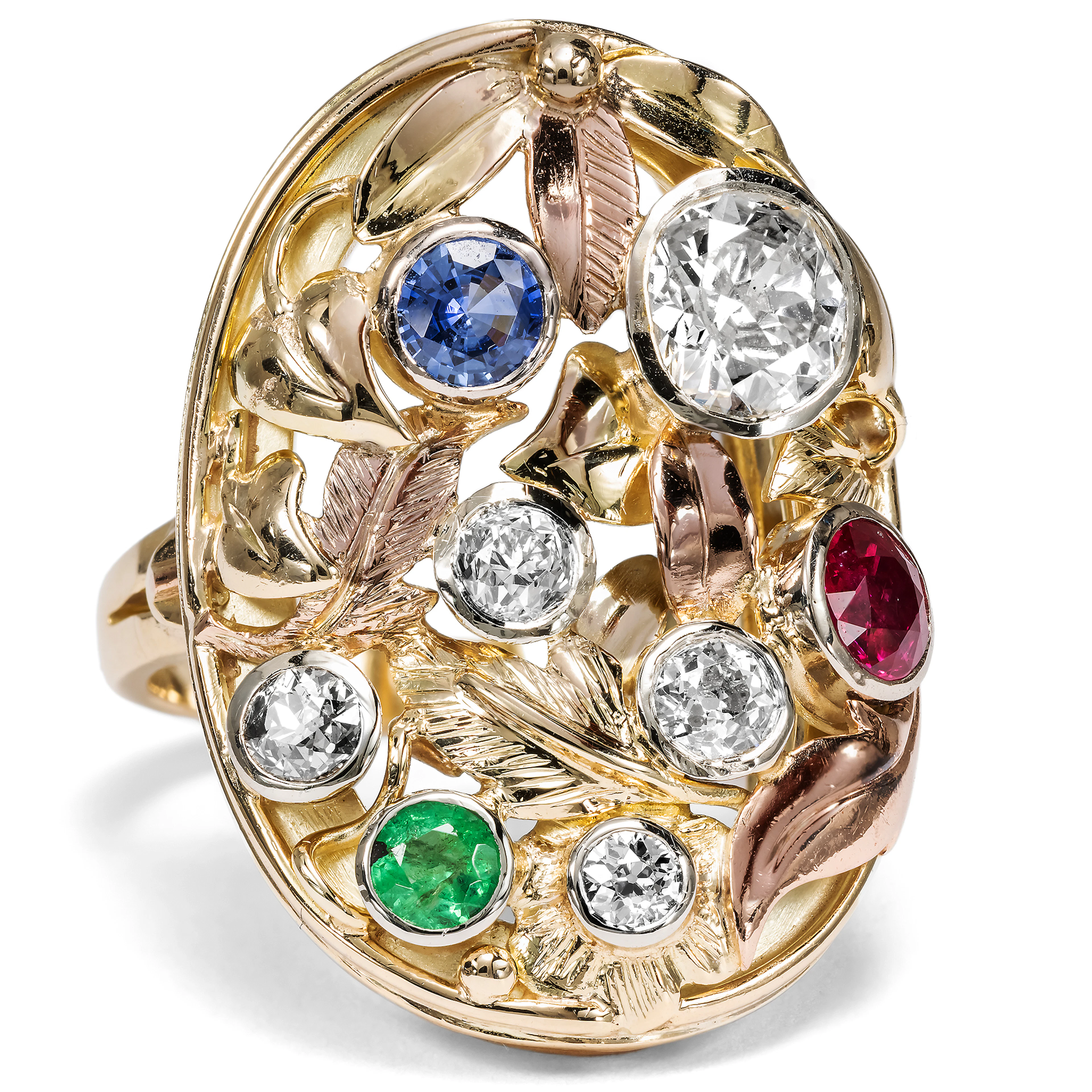 Large "Vegetable" Ring with Diamonds & Coloured Stones, German, c. 1950