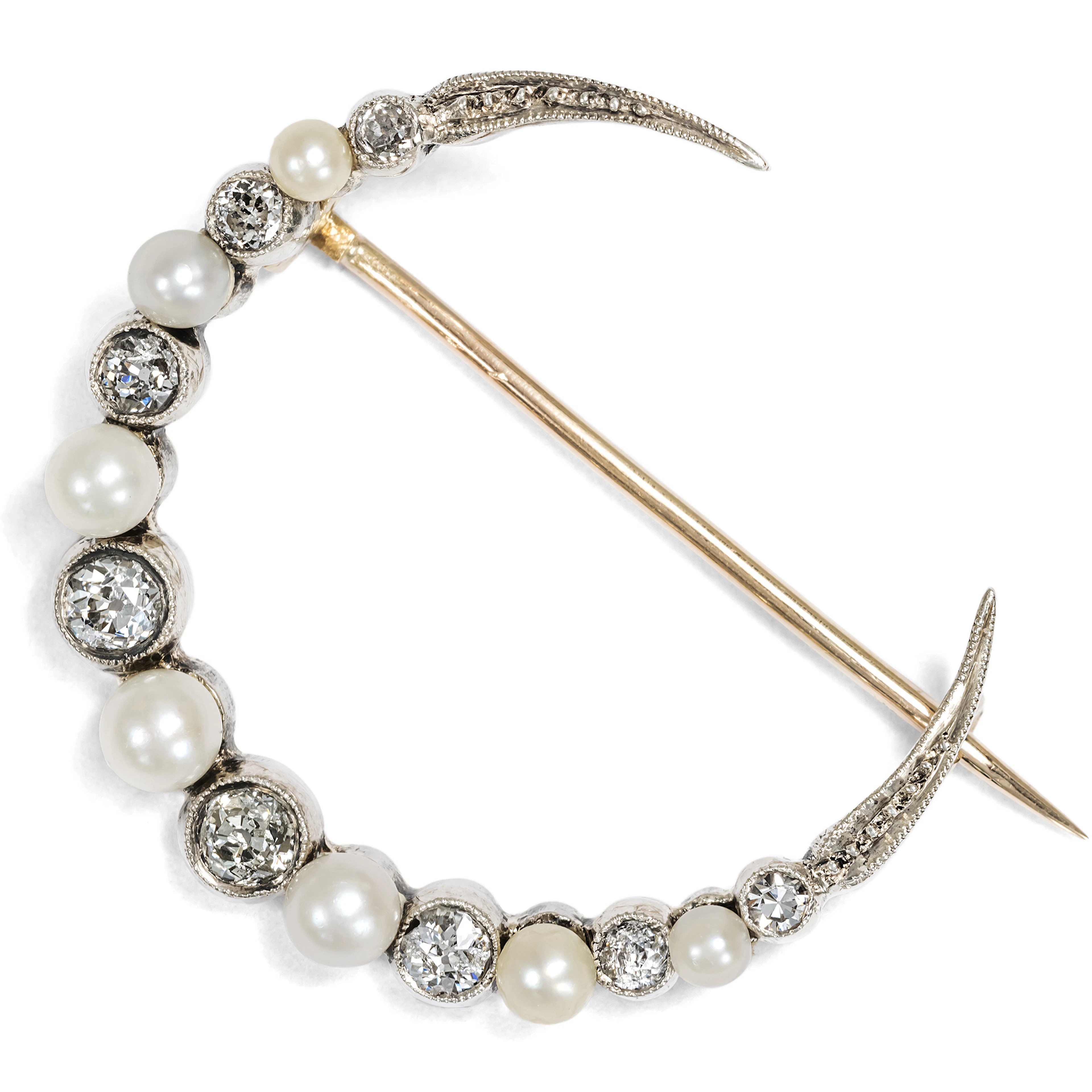 Antique Crescent Moon Brooch with Diamonds and Pearls, c. 1905