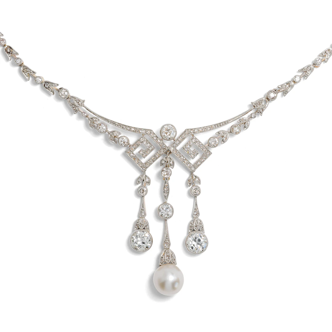 Exquisite Garland Style Necklace with Natural Pearl and Diamonds, c. 1910