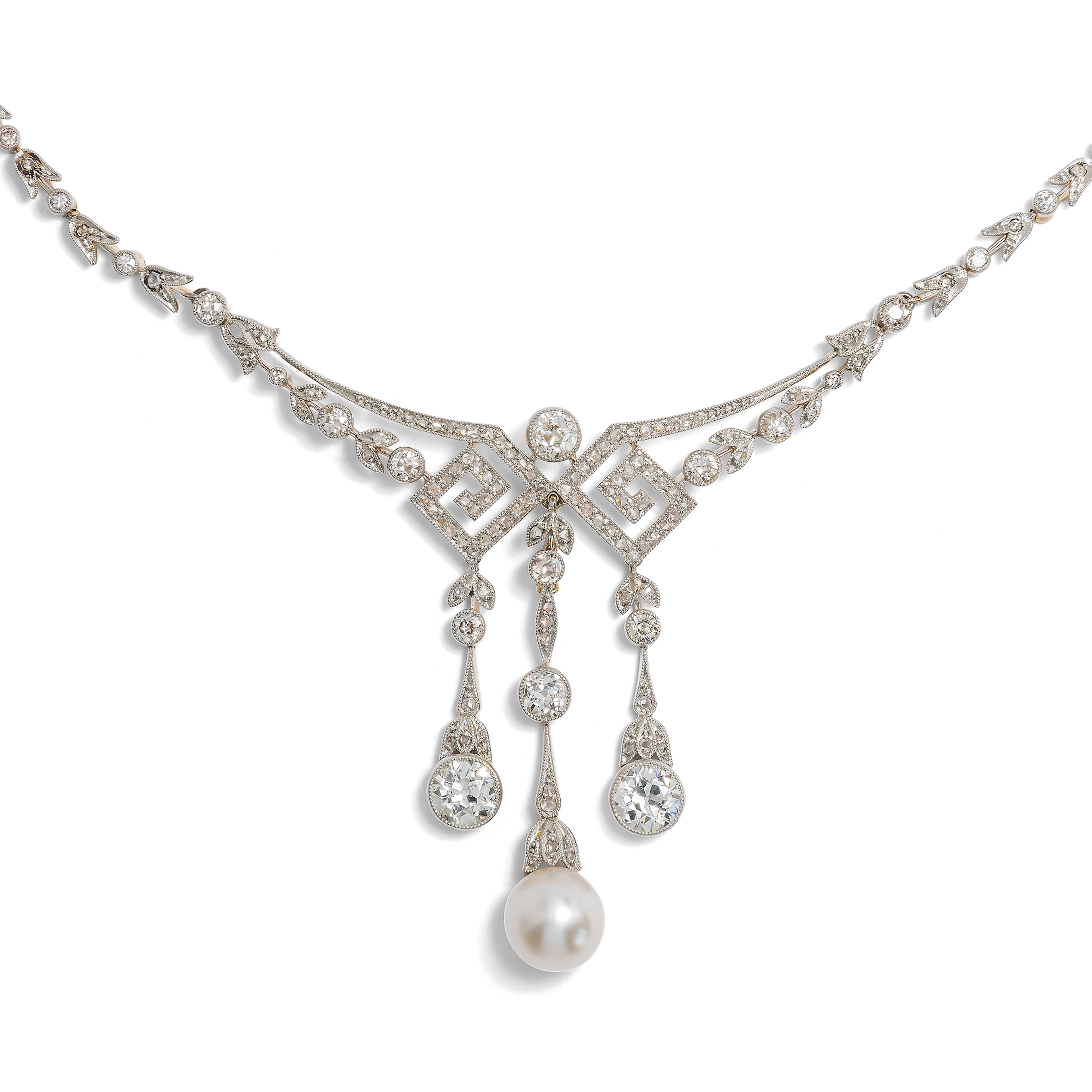 Exquisite Garland Style Necklace with Natural Pearl and Diamonds, c. 1910