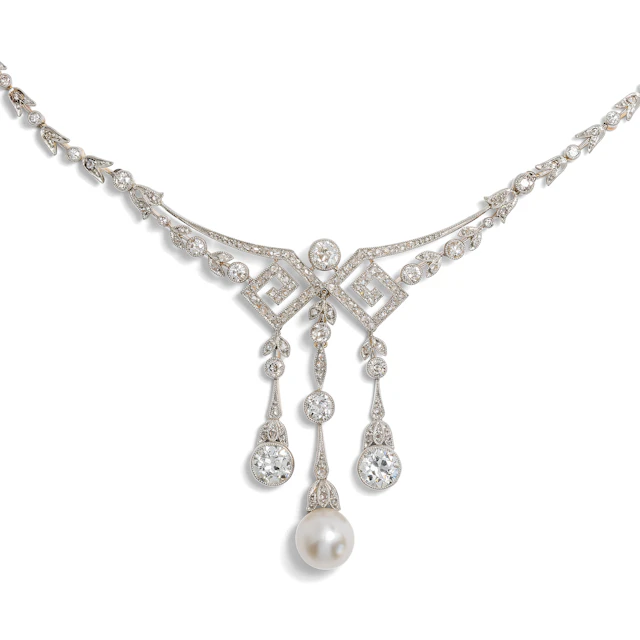 Exquisite Garland Style Necklace with Natural Pearl and Diamonds, c. 1910