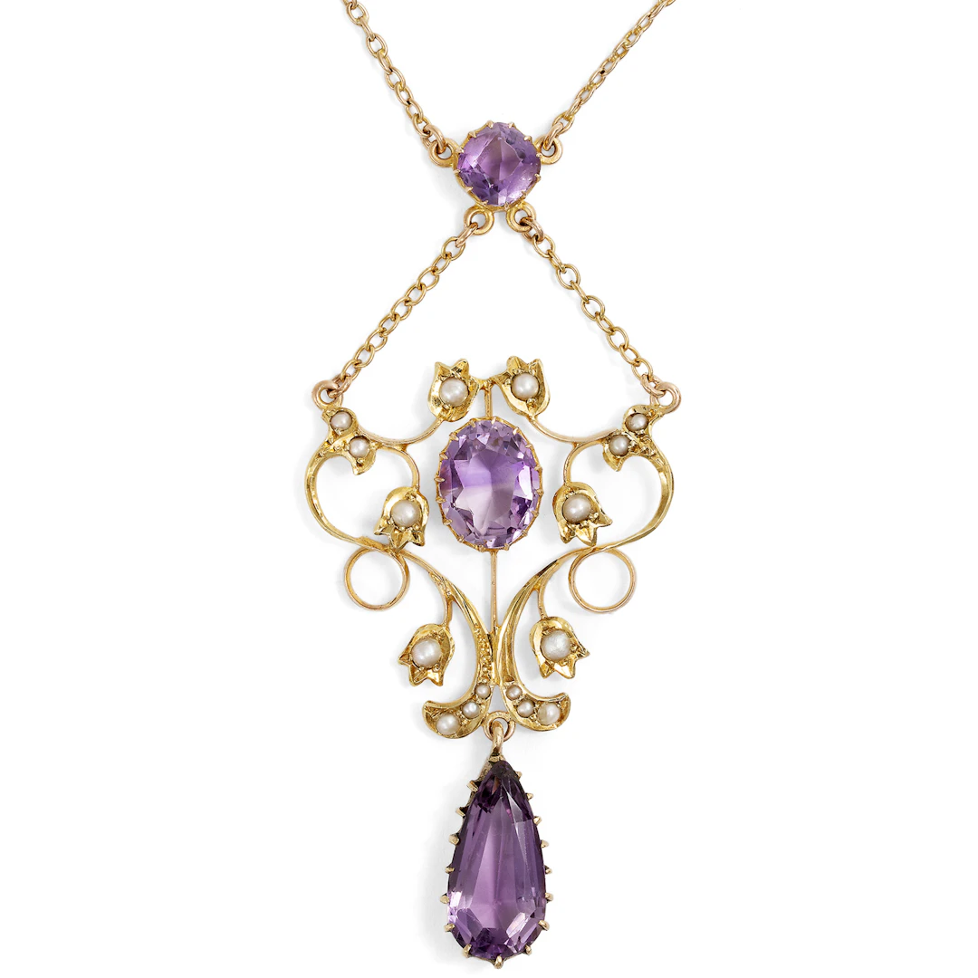 Antique necklace with amethyst and natural pearls in gold, Great Britain