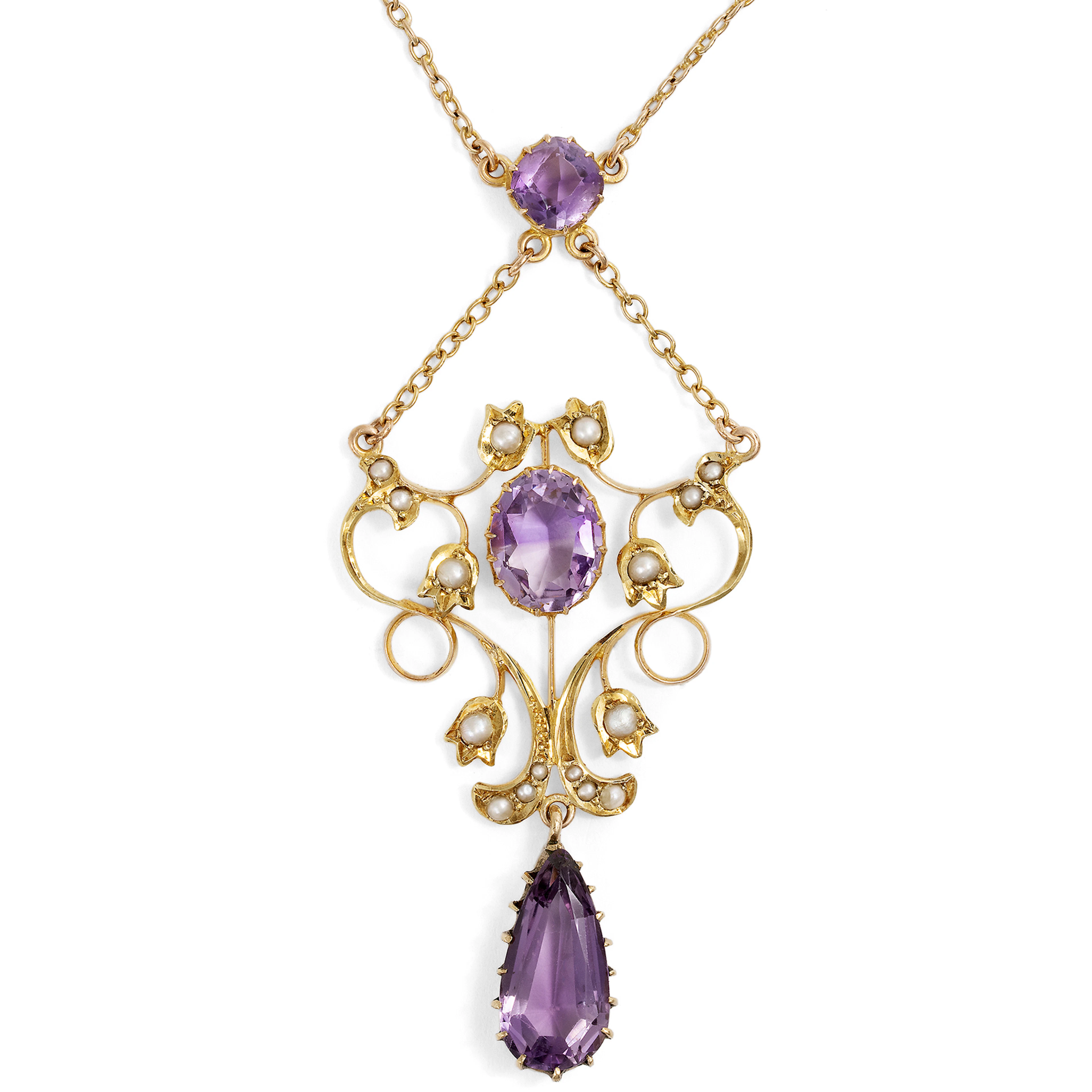 Antique necklace with amethyst and natural pearls in gold, Great Britain
