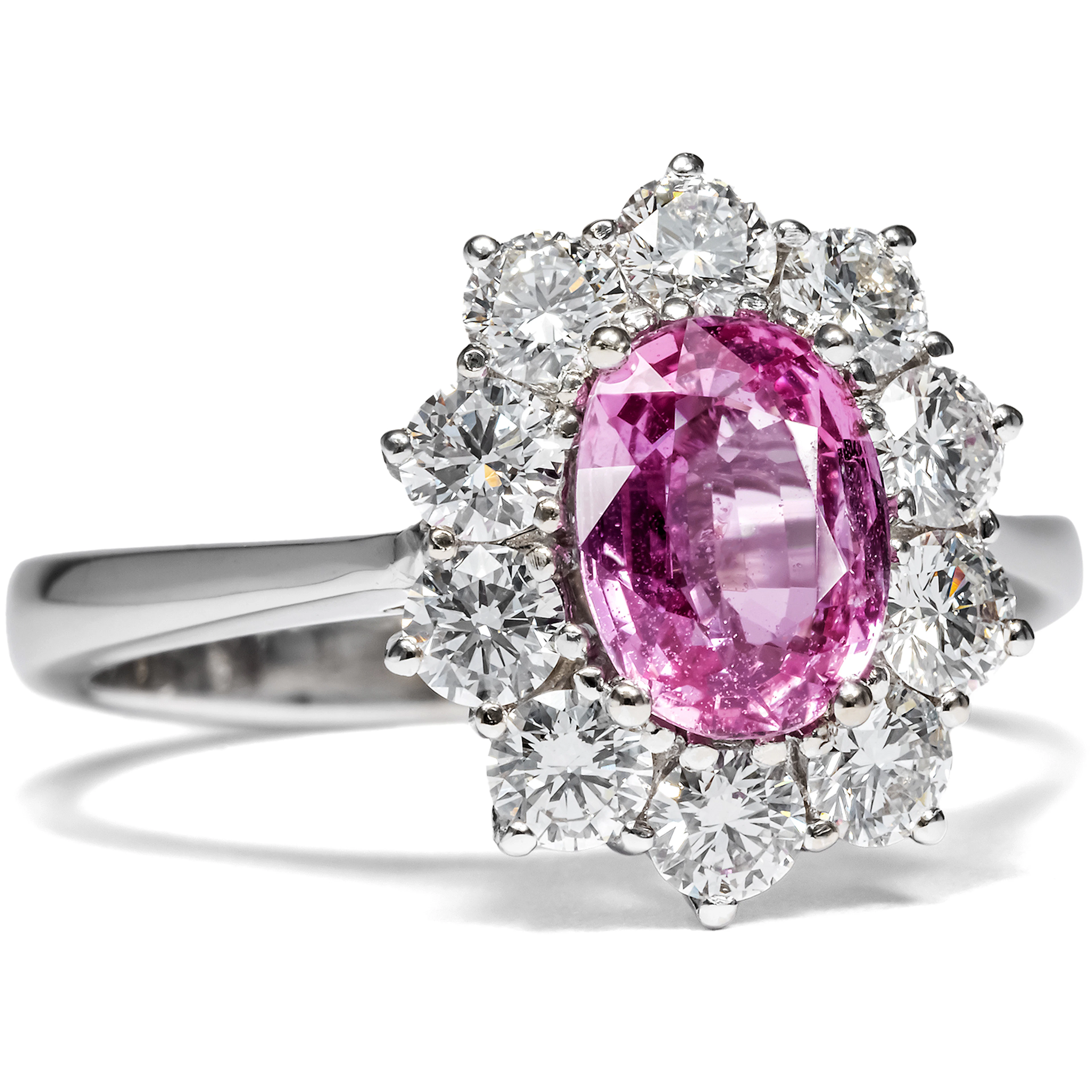 Unworn Ring With Pink Sapphire & Diamonds in White Gold, Created in