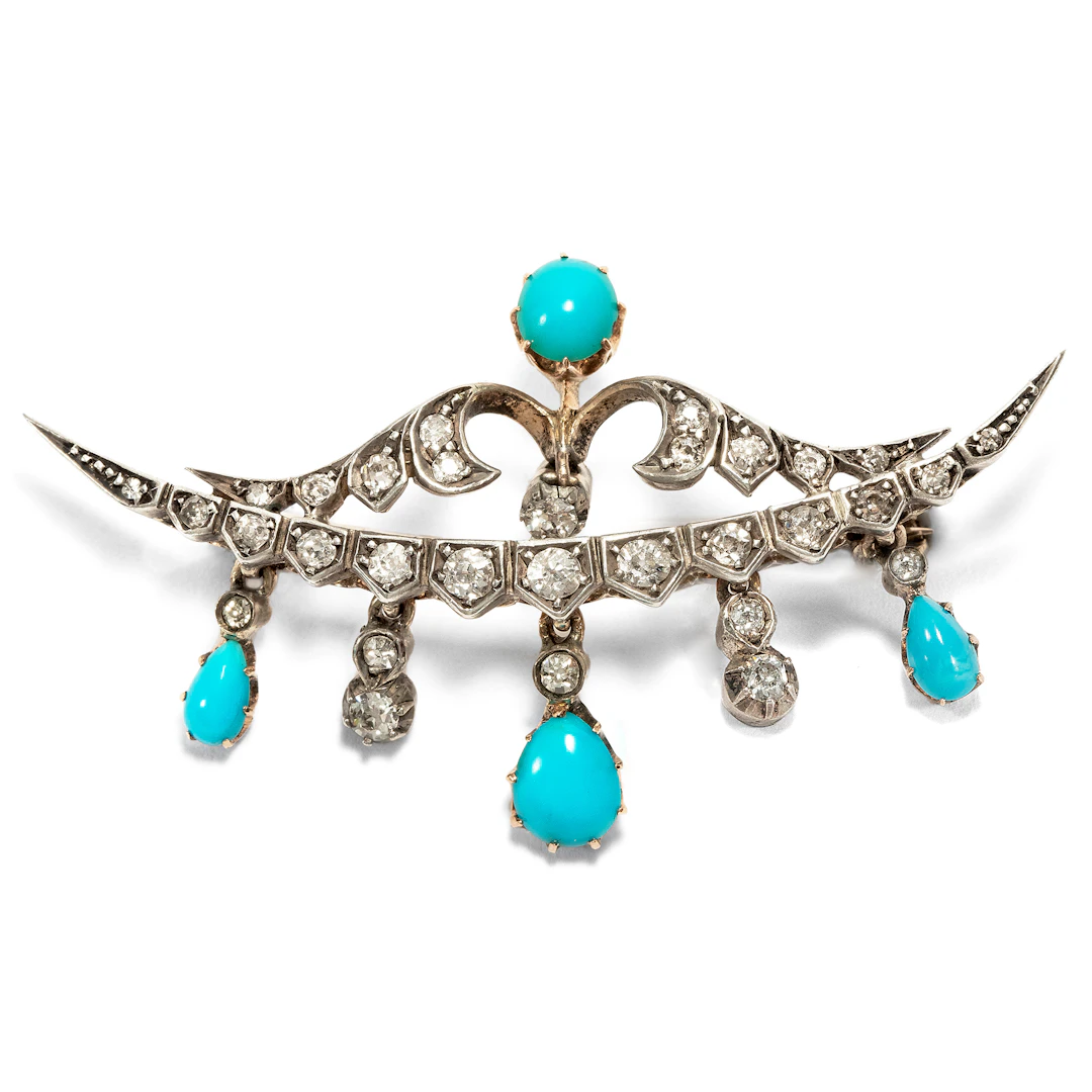 Romantic honeymoon brooch with diamonds and turquoises in gold, around 1900