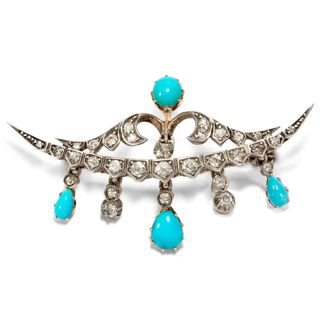 Romantic honeymoon brooch with diamonds and turquoises in gold, around 1900
