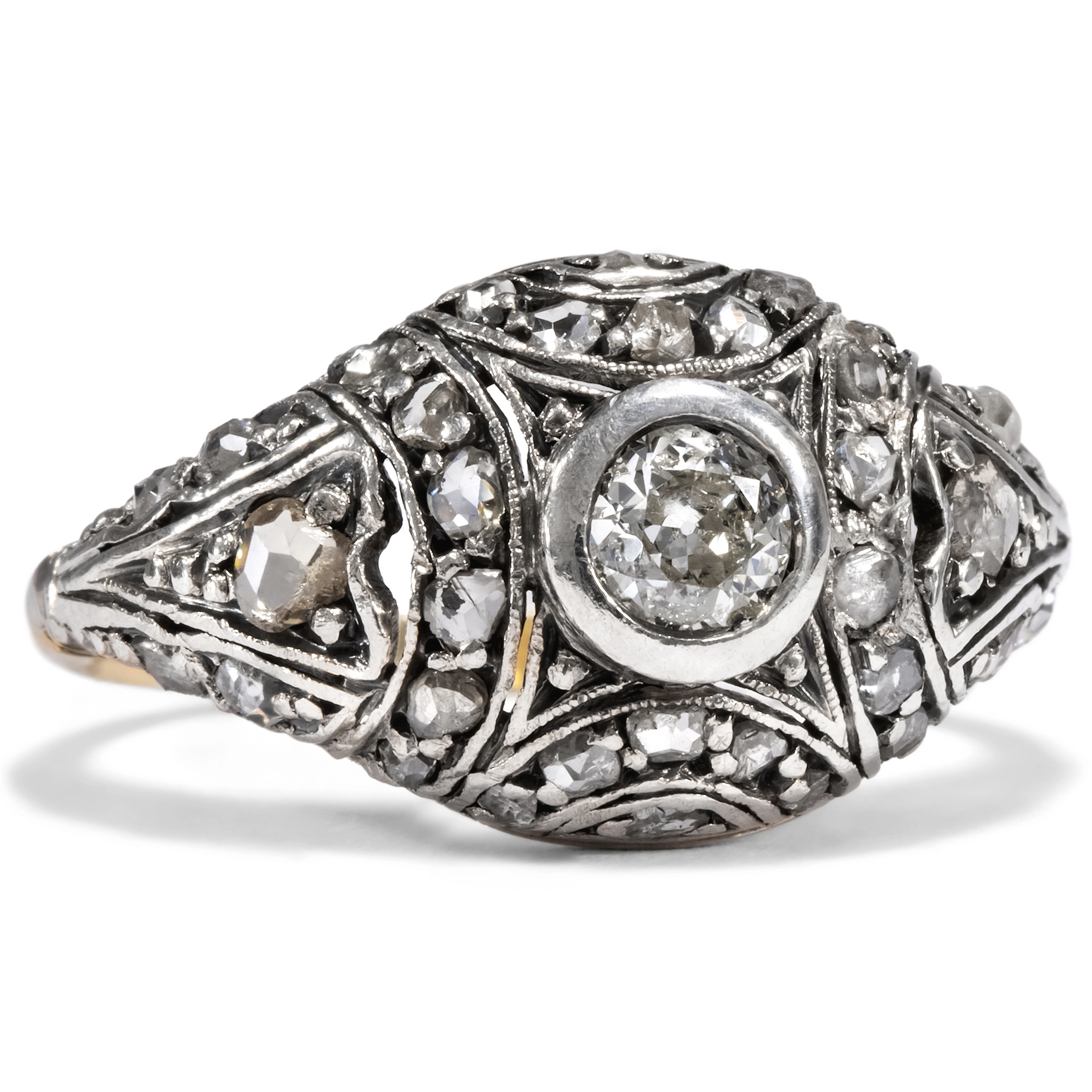 Beautiful Domed Ring With Diamonds in Silver & Gold, c. 1930