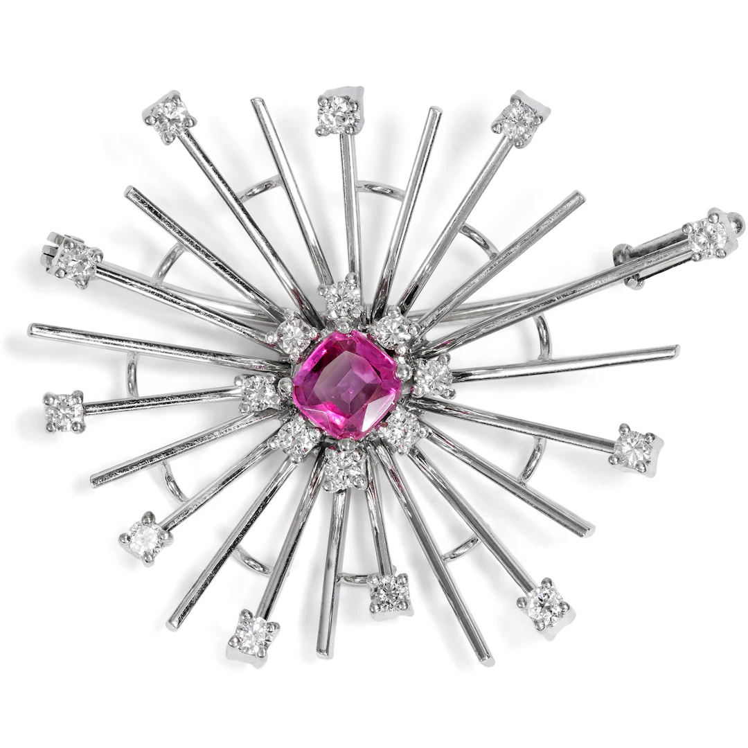 Precious Vintage Brooch With Ruby From Burma & Diamonds in White Gold