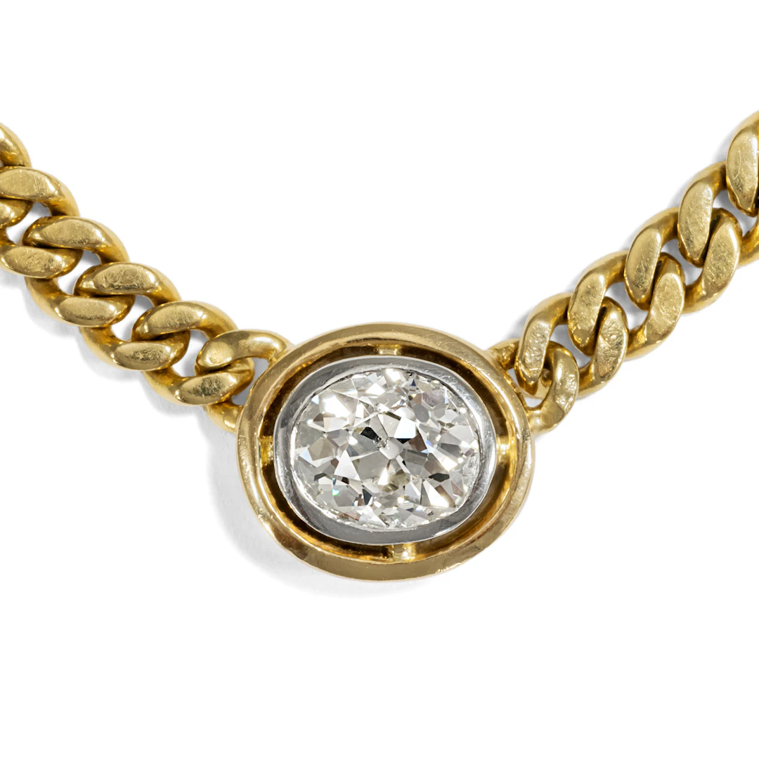 Vintage Cuban Link Necklace With 1.40 ct Old European Cut Solitaire