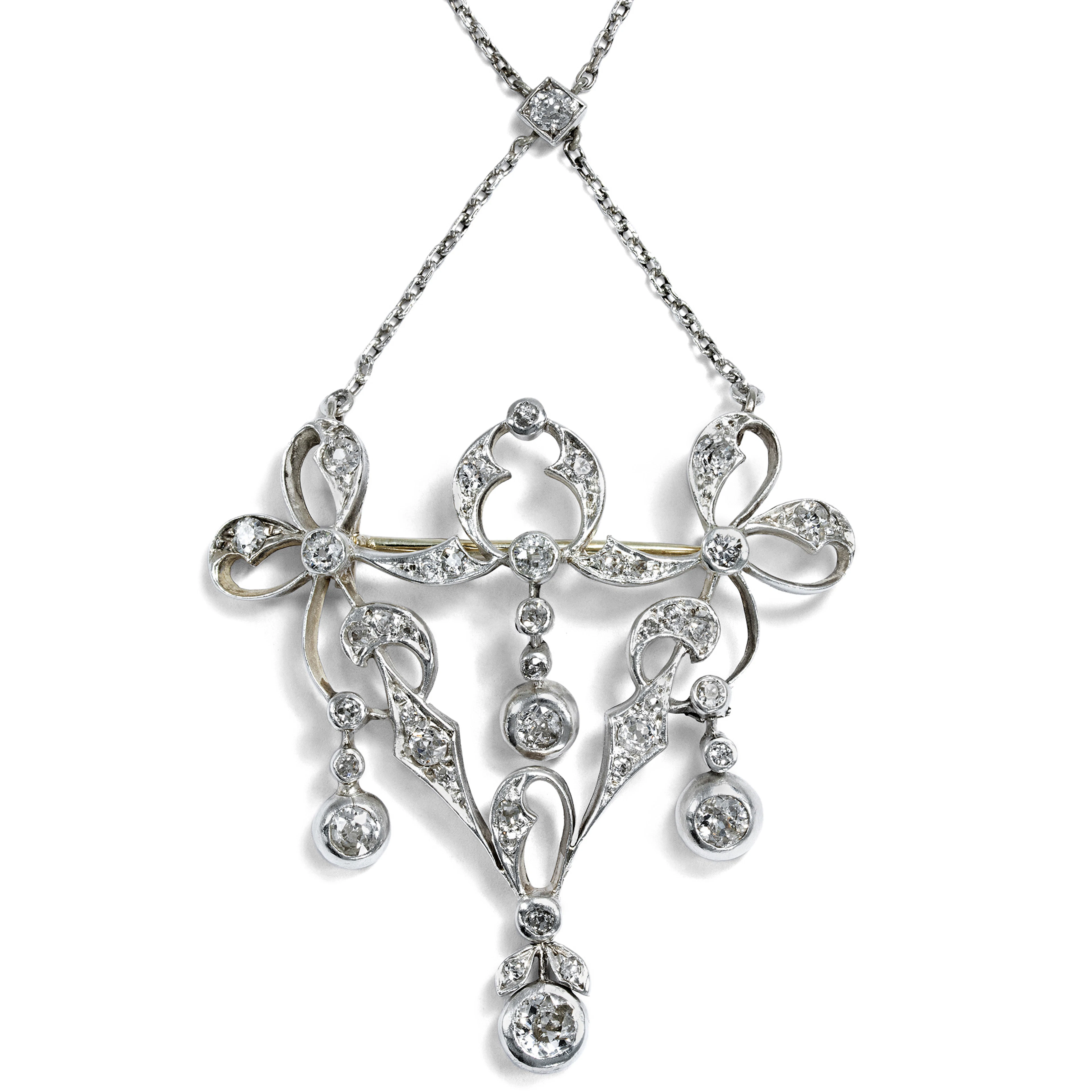Magnificent Belle Époque Pendant Brooch with Diamonds in Silver & Gold, c. 1910
