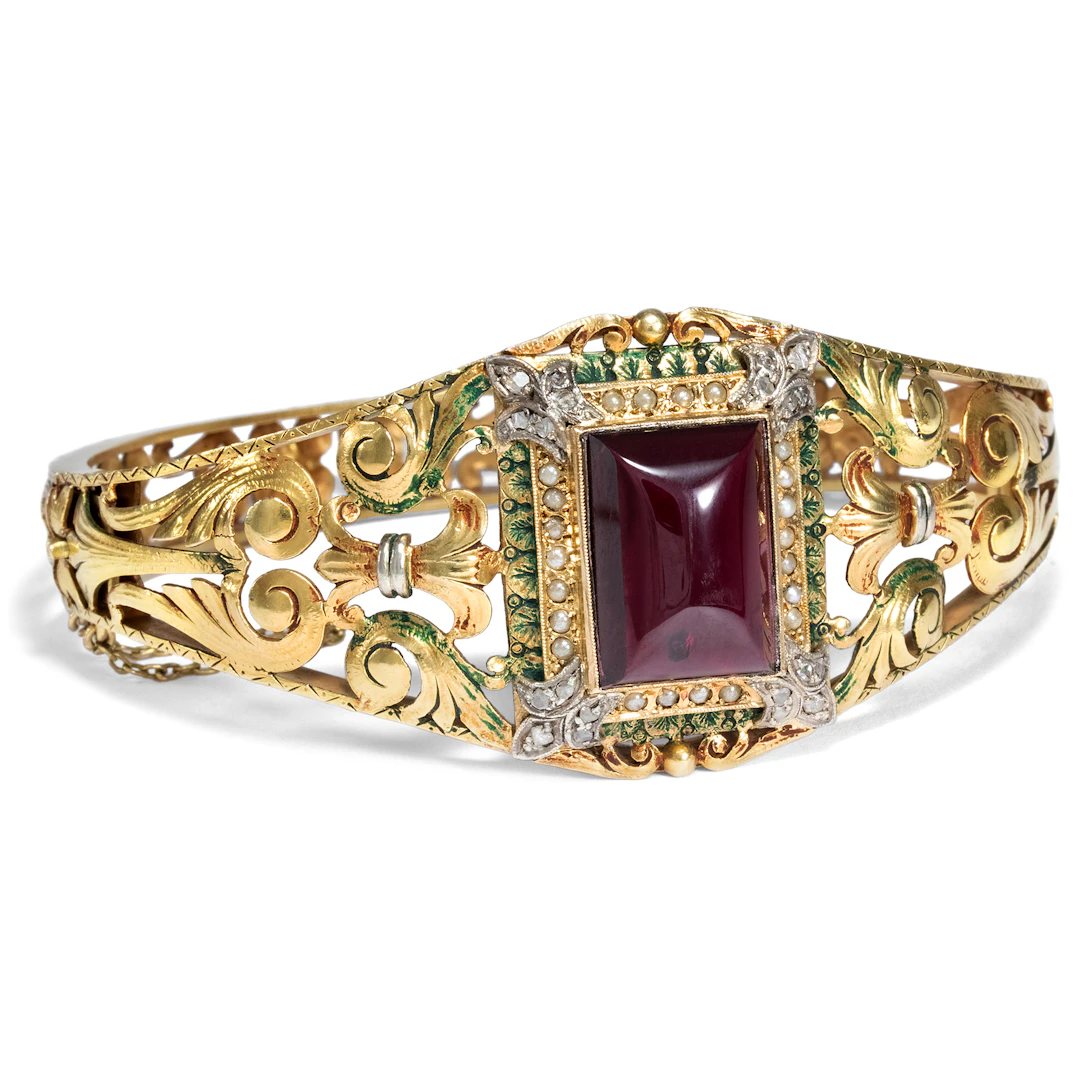 Splendid Gold Bangle With Garnet, Pearls & Diamonds, ca. 1850