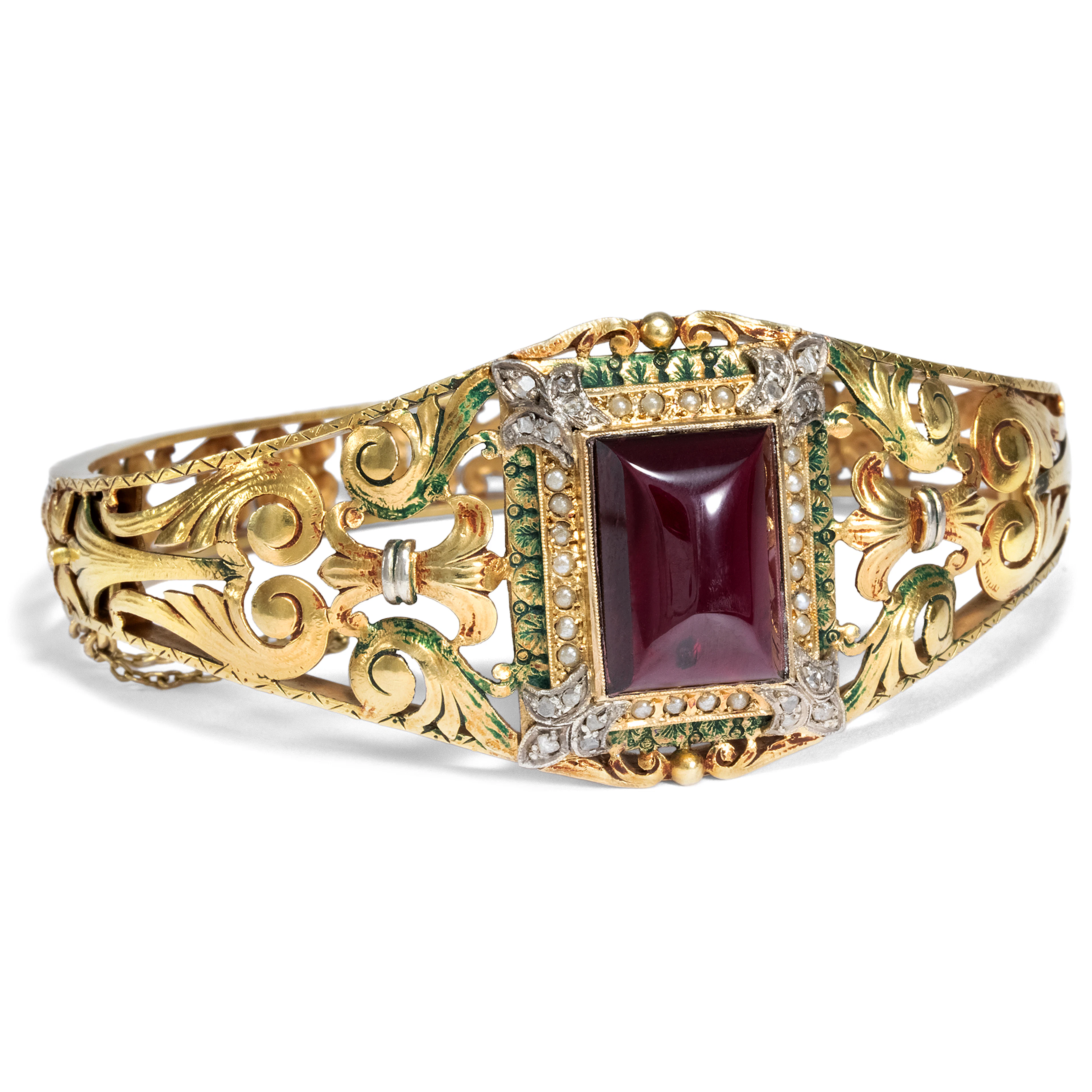 Splendid Gold Bangle With Garnet, Pearls & Diamonds, ca. 1850