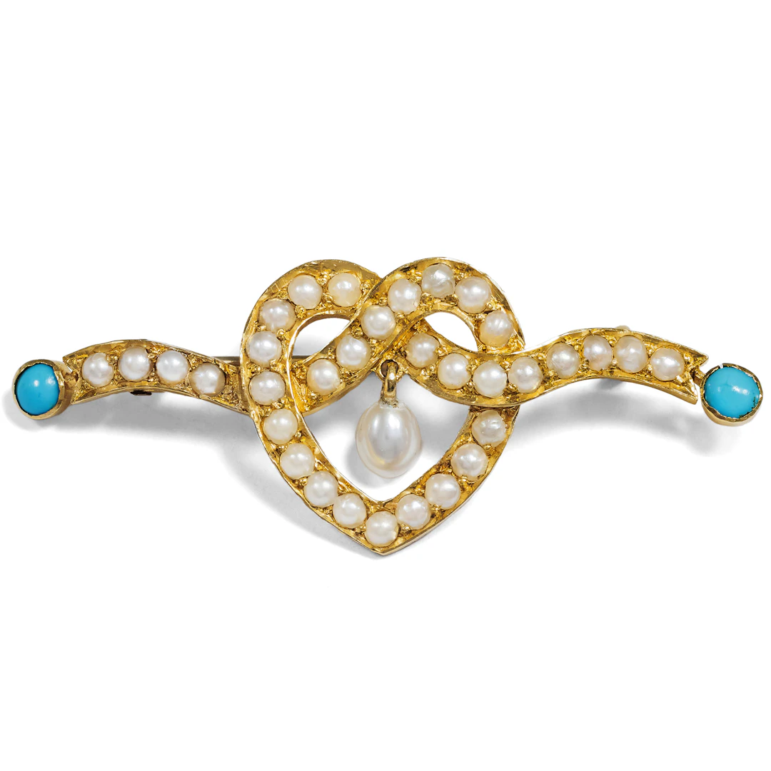 Victorian Brooch With Pearls & Turquoise in Gold, Circa 1890