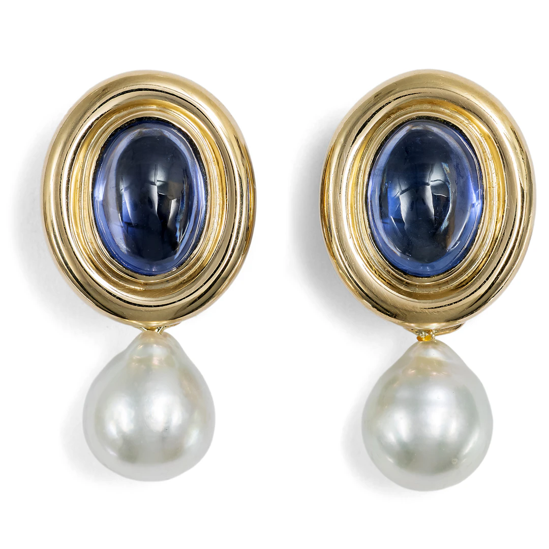 Vintage Clip-On Earrings with Sapphire Cabochons and Cultured Pearls