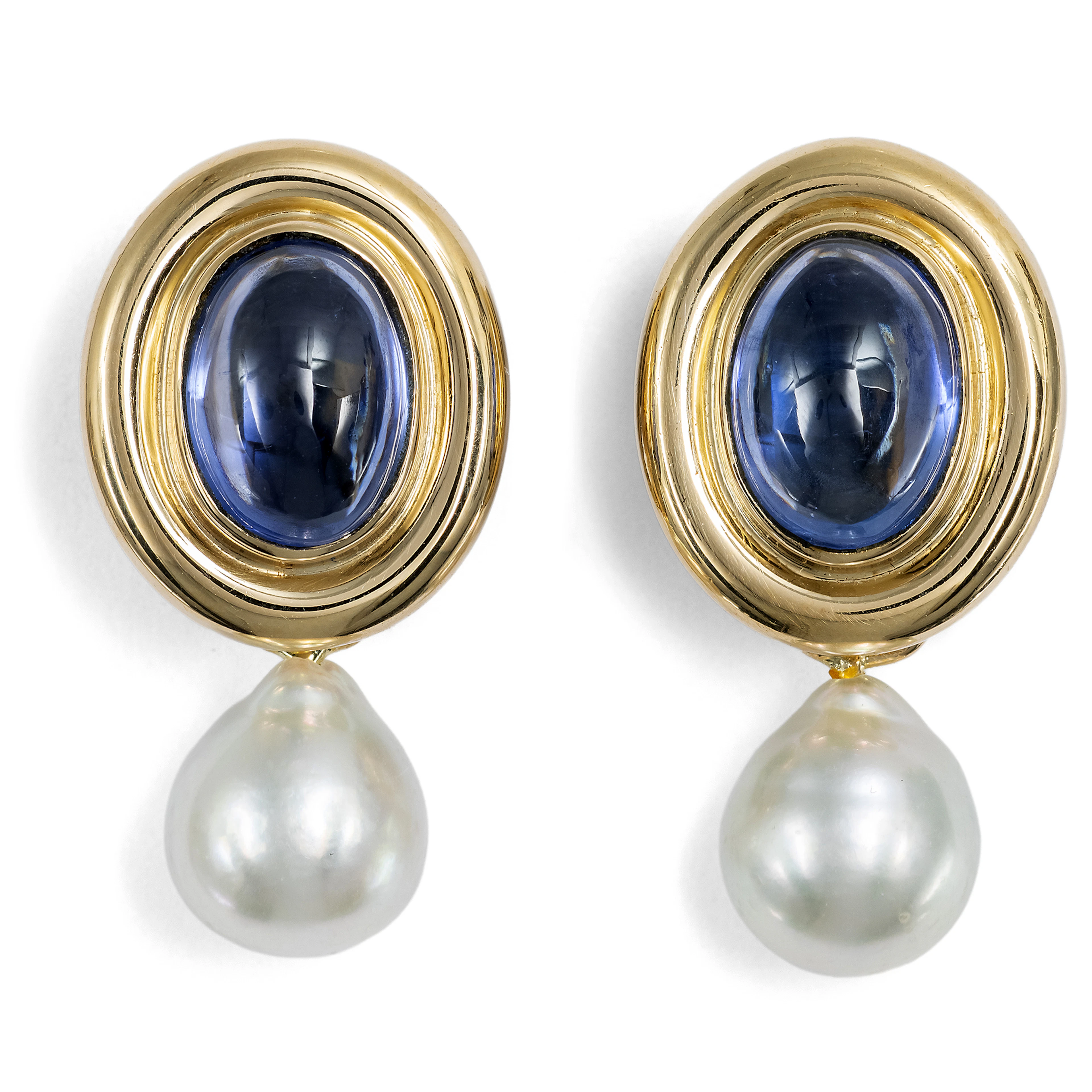 Vintage Clip-On Earrings with Sapphire Cabochons and Cultured Pearls