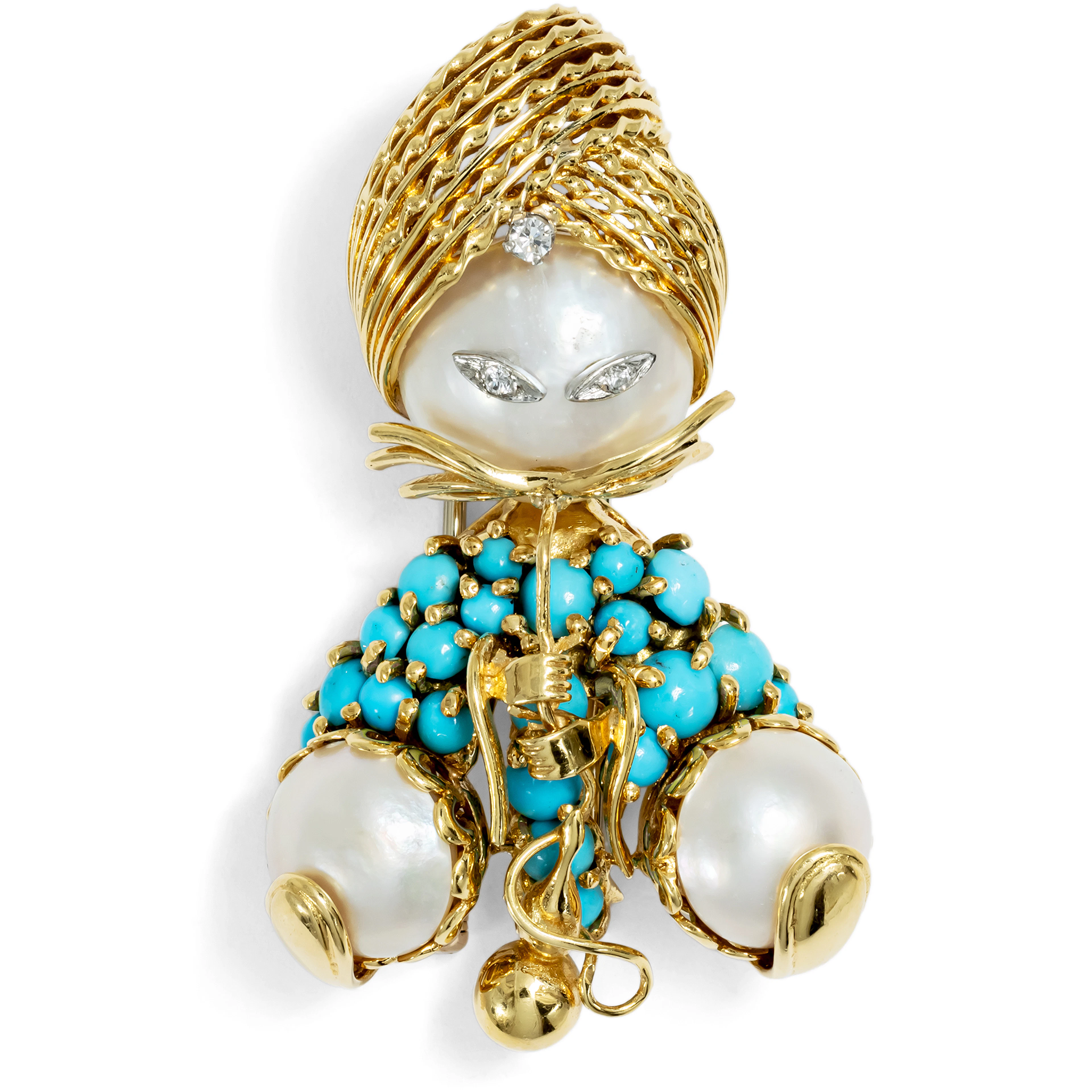 Funny Novelty Brooch with Mabé Pearls, Turquoises & Diamonds, Paris c. 1955