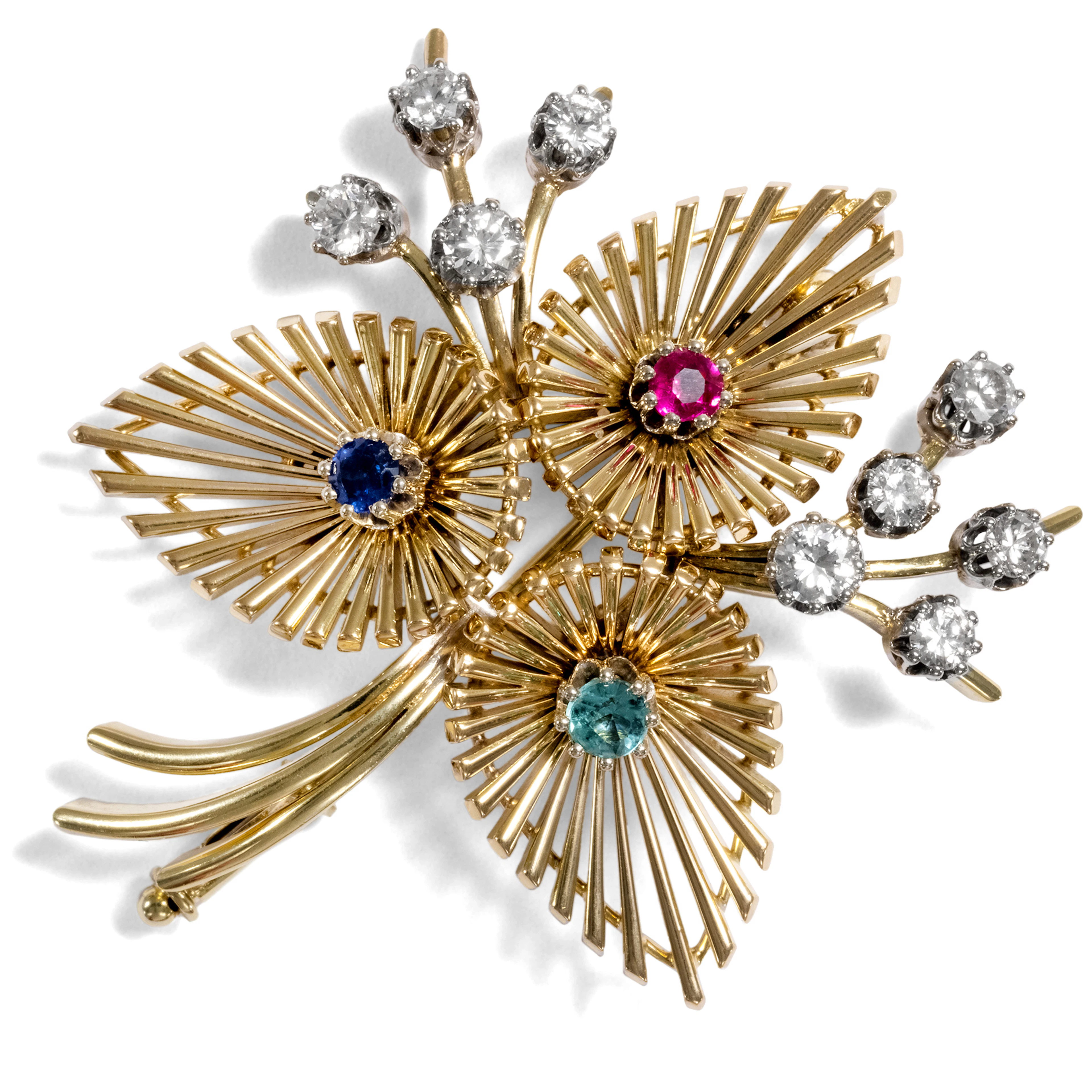 Vintage Brooch Made of Gold With Coloured Stones & Diamonds, c. 1955